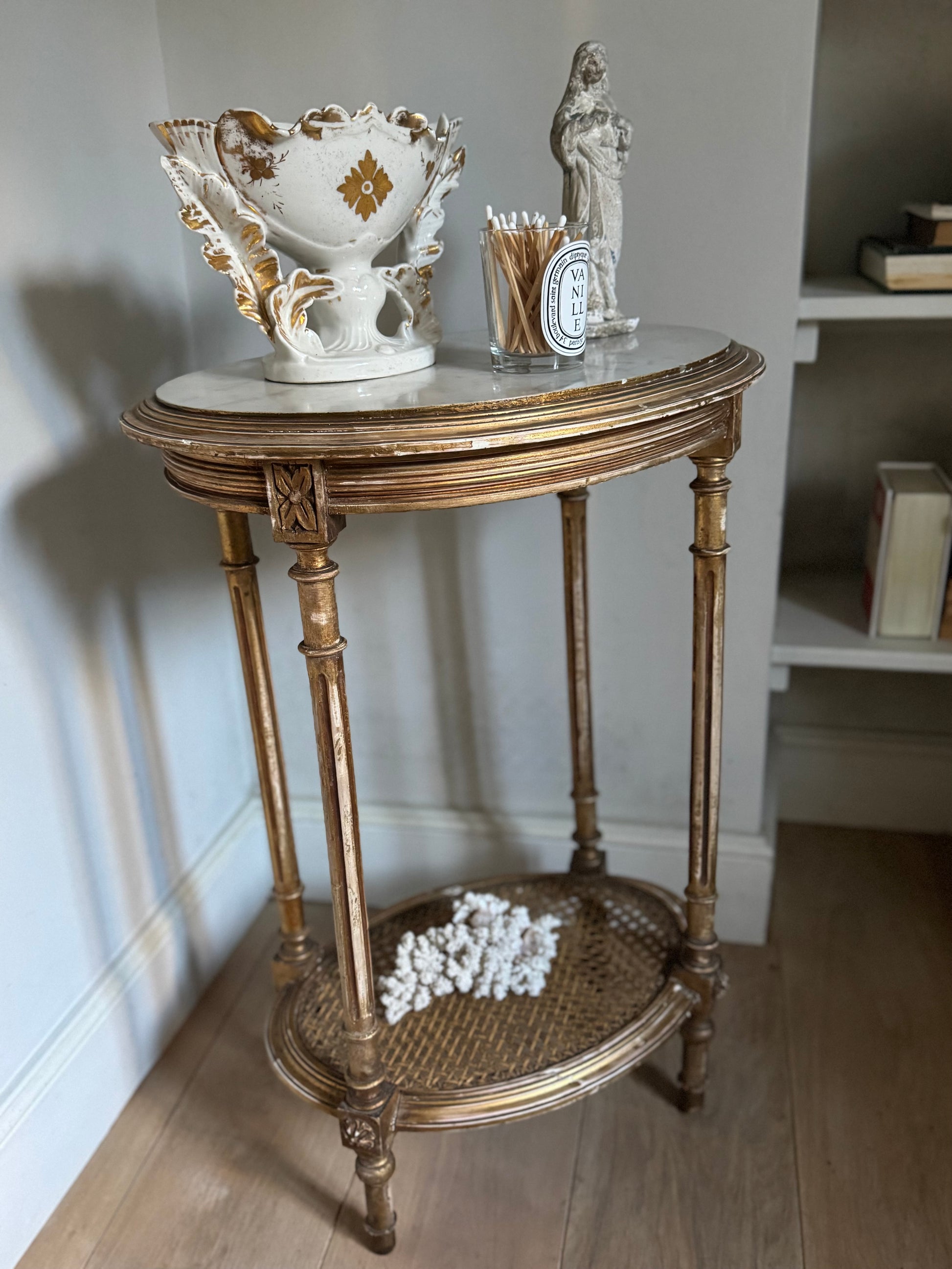 Antique French gilt Louis XVI Oval Side Table Marble Top
