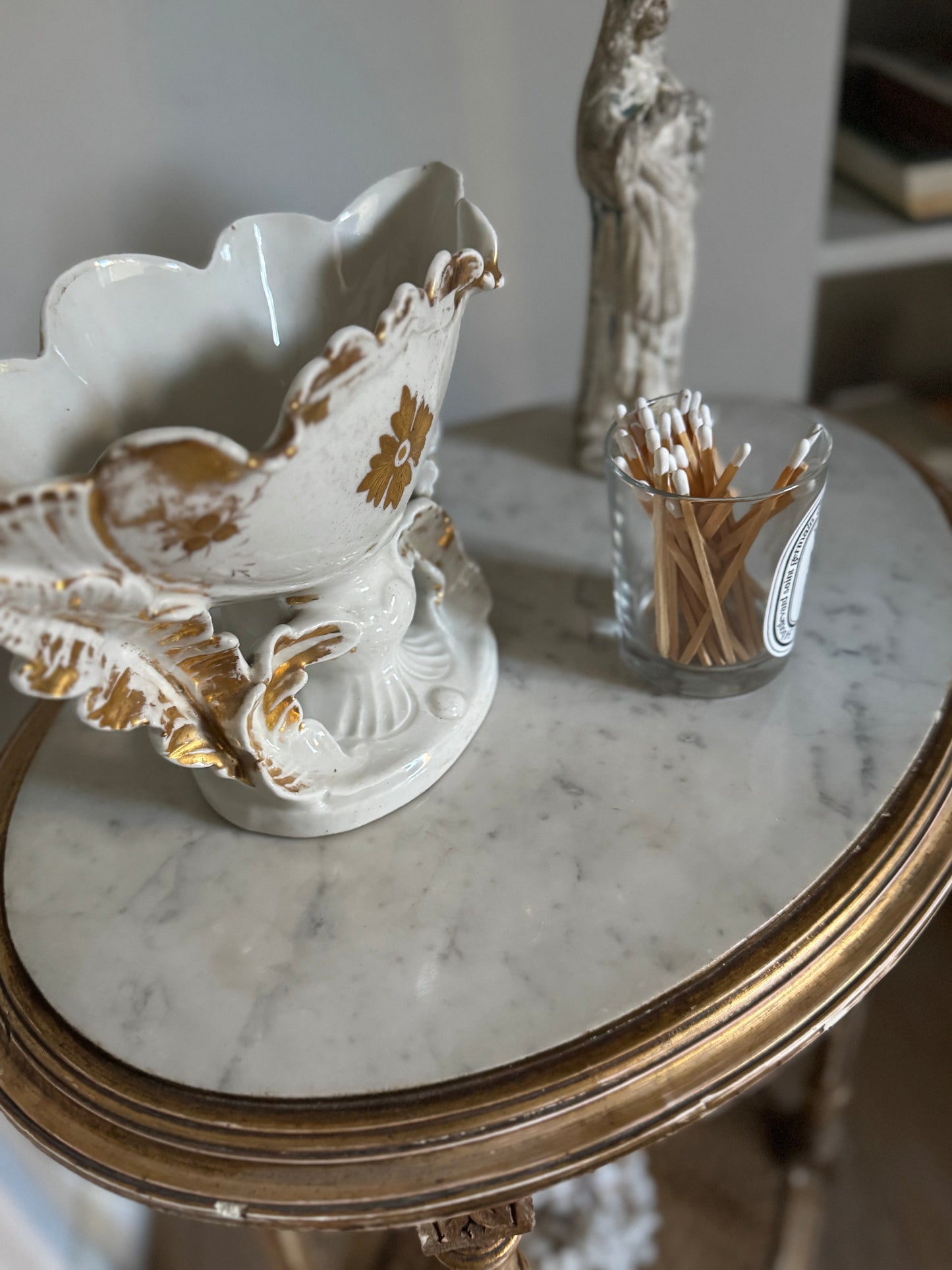 Antique French Gilt Louis XVI Oval Side Table Marble Top