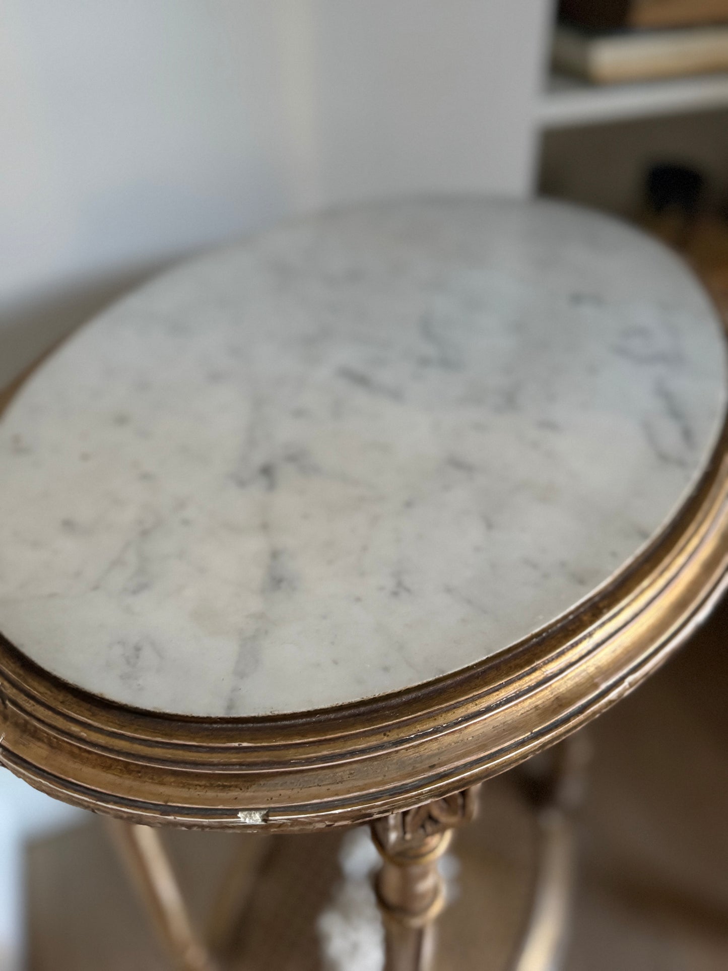 Antique French Gilt Louis XVI Oval Side Table Marble Top