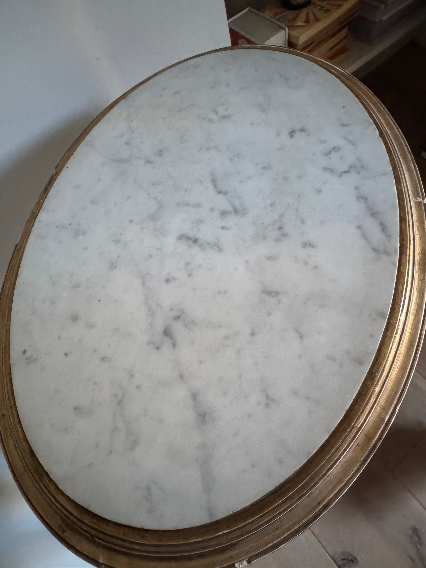 Antique French Gilt Louis XVI Oval Side Table Marble Top