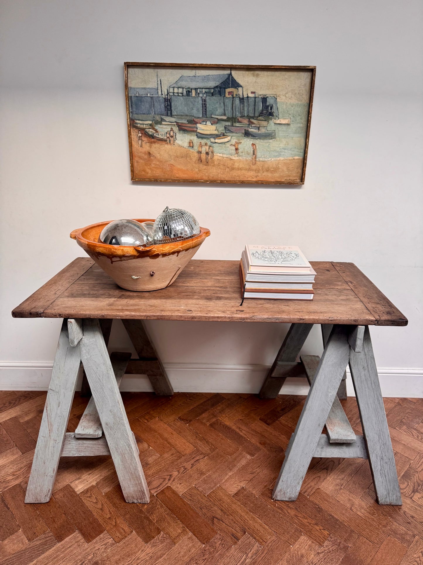 Antique Oak Top Trestle Side Table