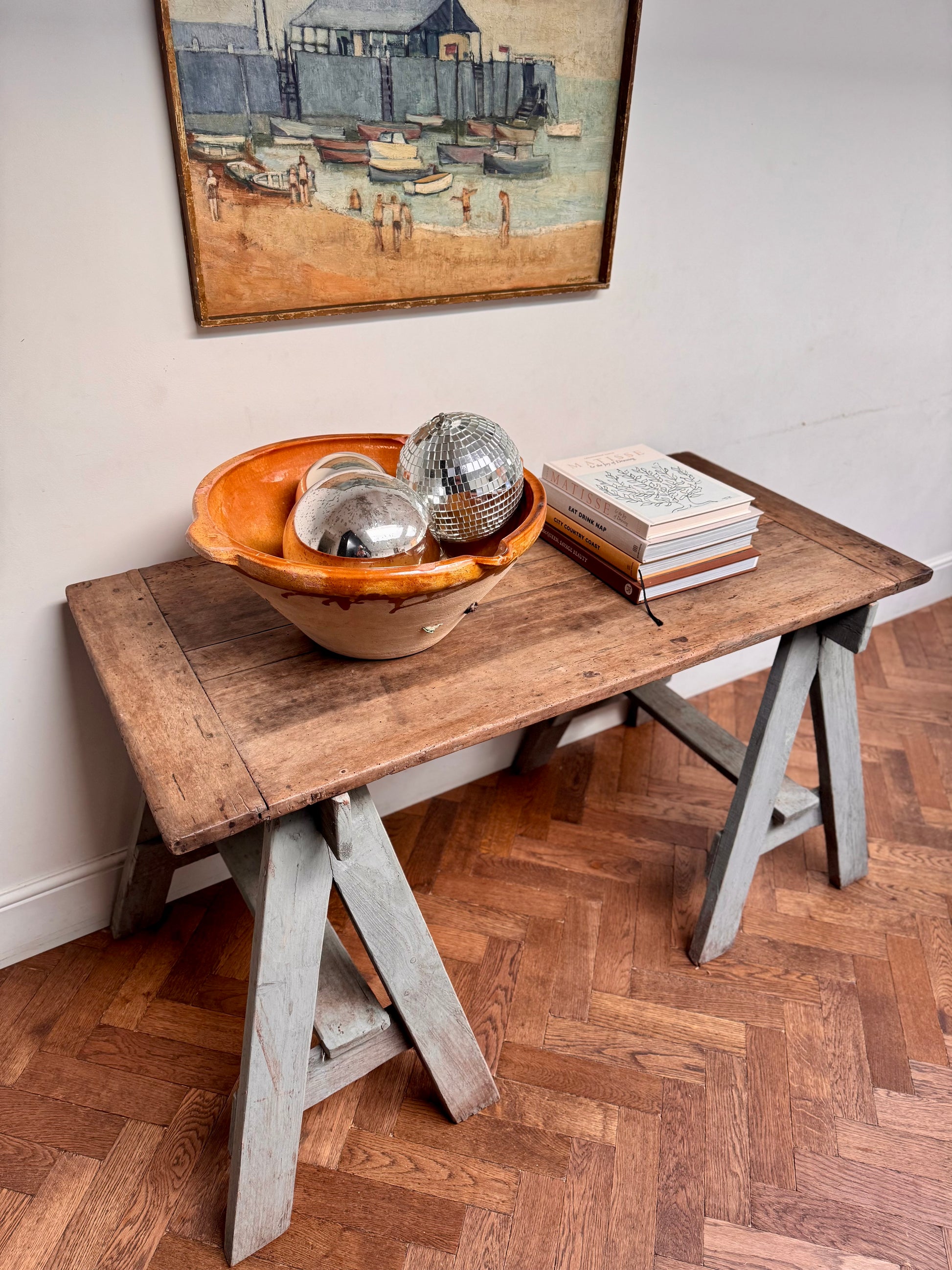 Antique Oak Top Trestle Side Table