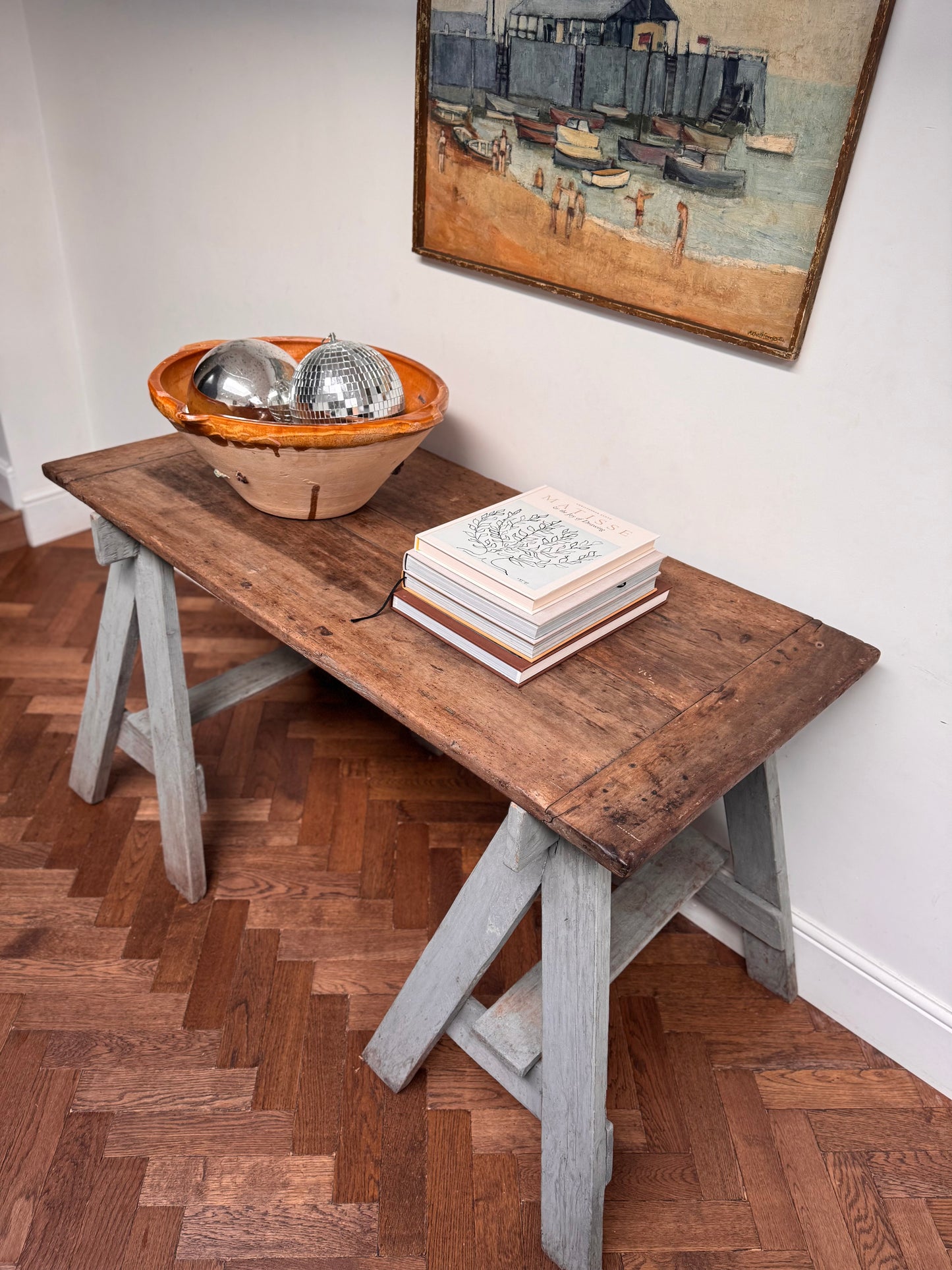 Antique Oak Top Trestle Side Table