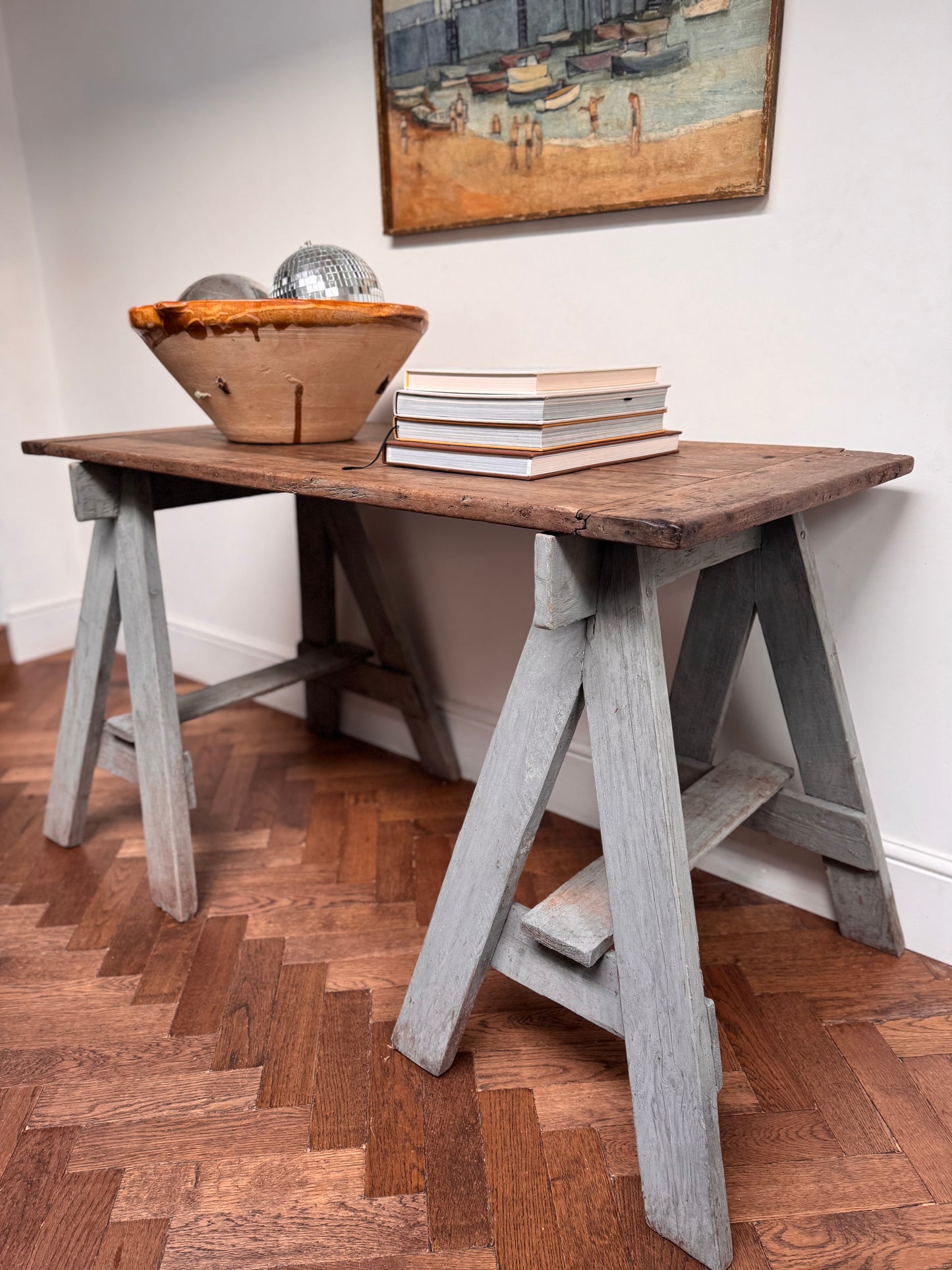 Antique Oak Top Trestle Side Table
