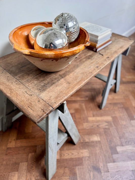 Antique Oak Top Trestle Side Table