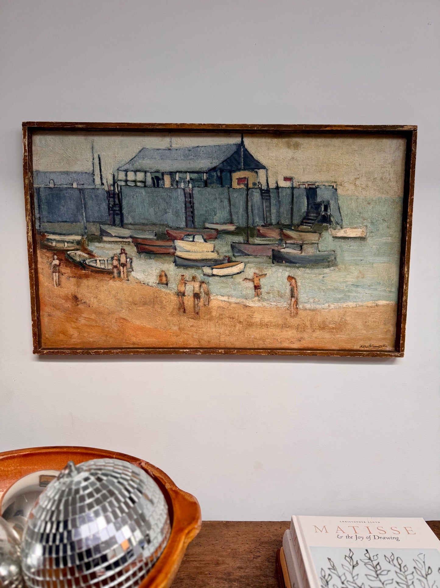 Vintage Large Mid Century Acrylic On Board Of Broadstairs Beach & Jetty