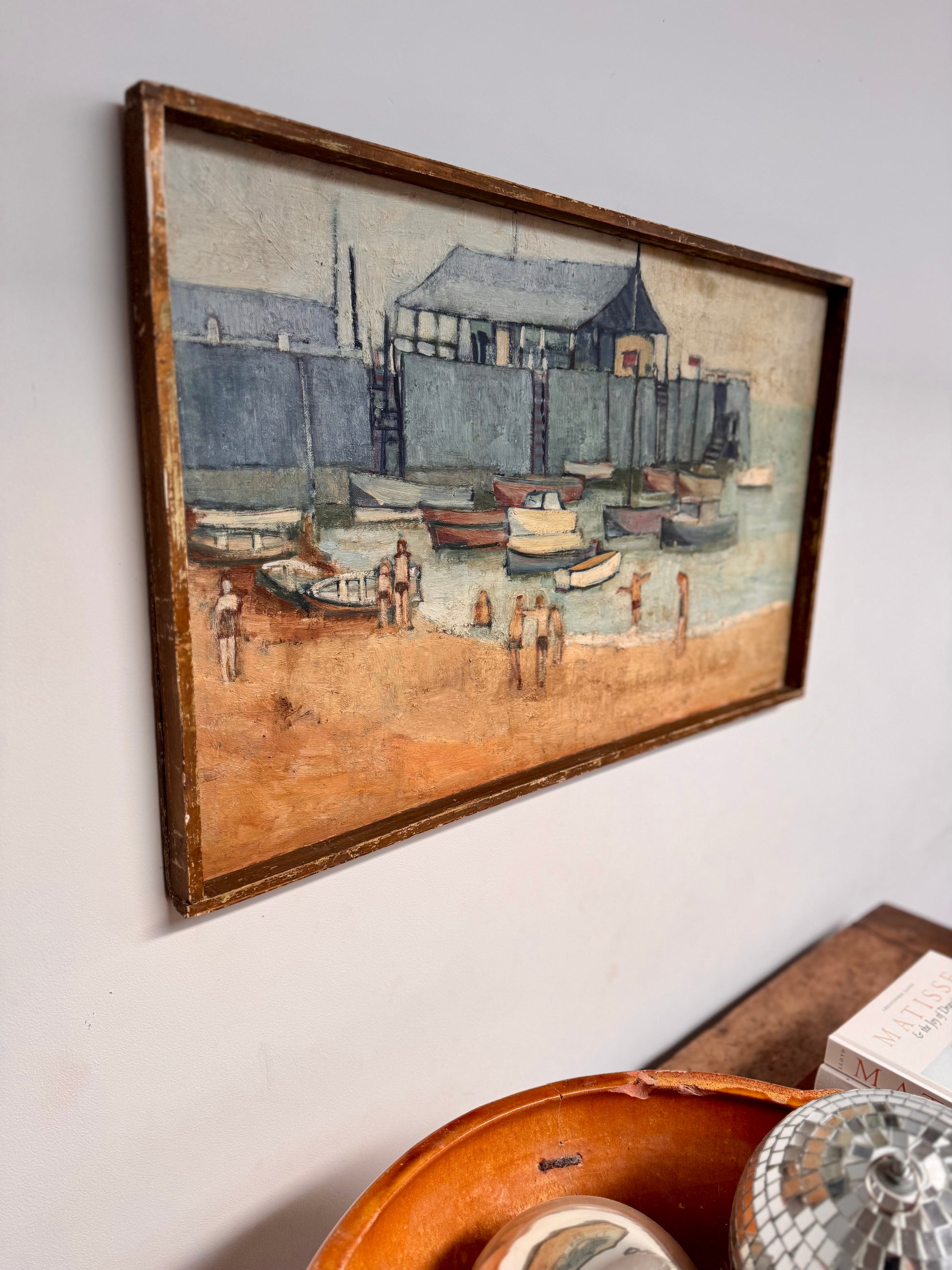 Vintage Large Mid Century Acrylic On Board Of Broadstairs Beach & Jetty