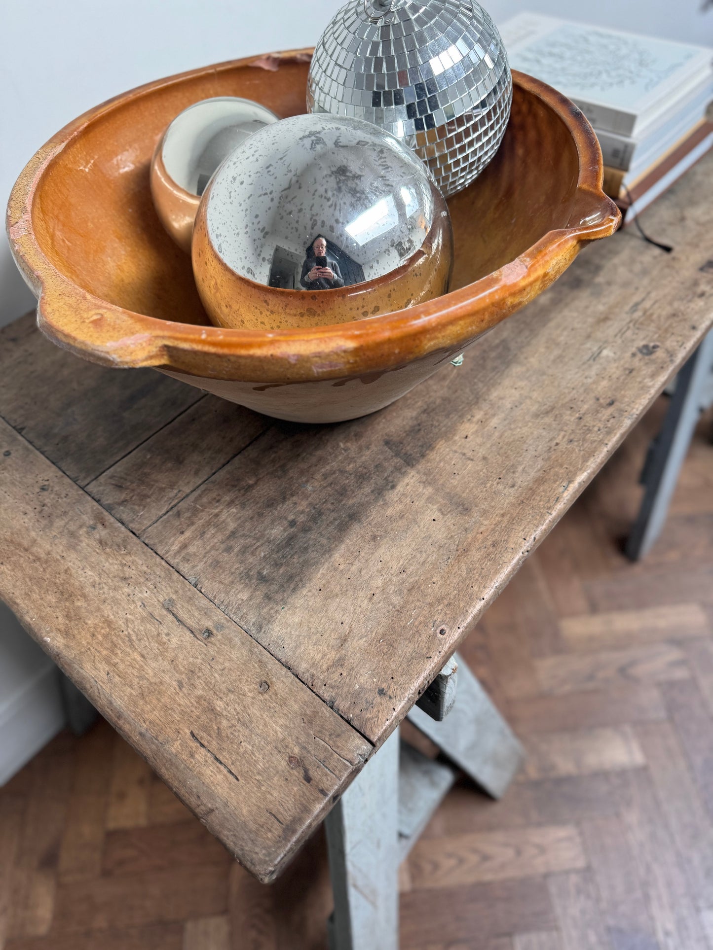 Antique Oak Top Trestle Side Table