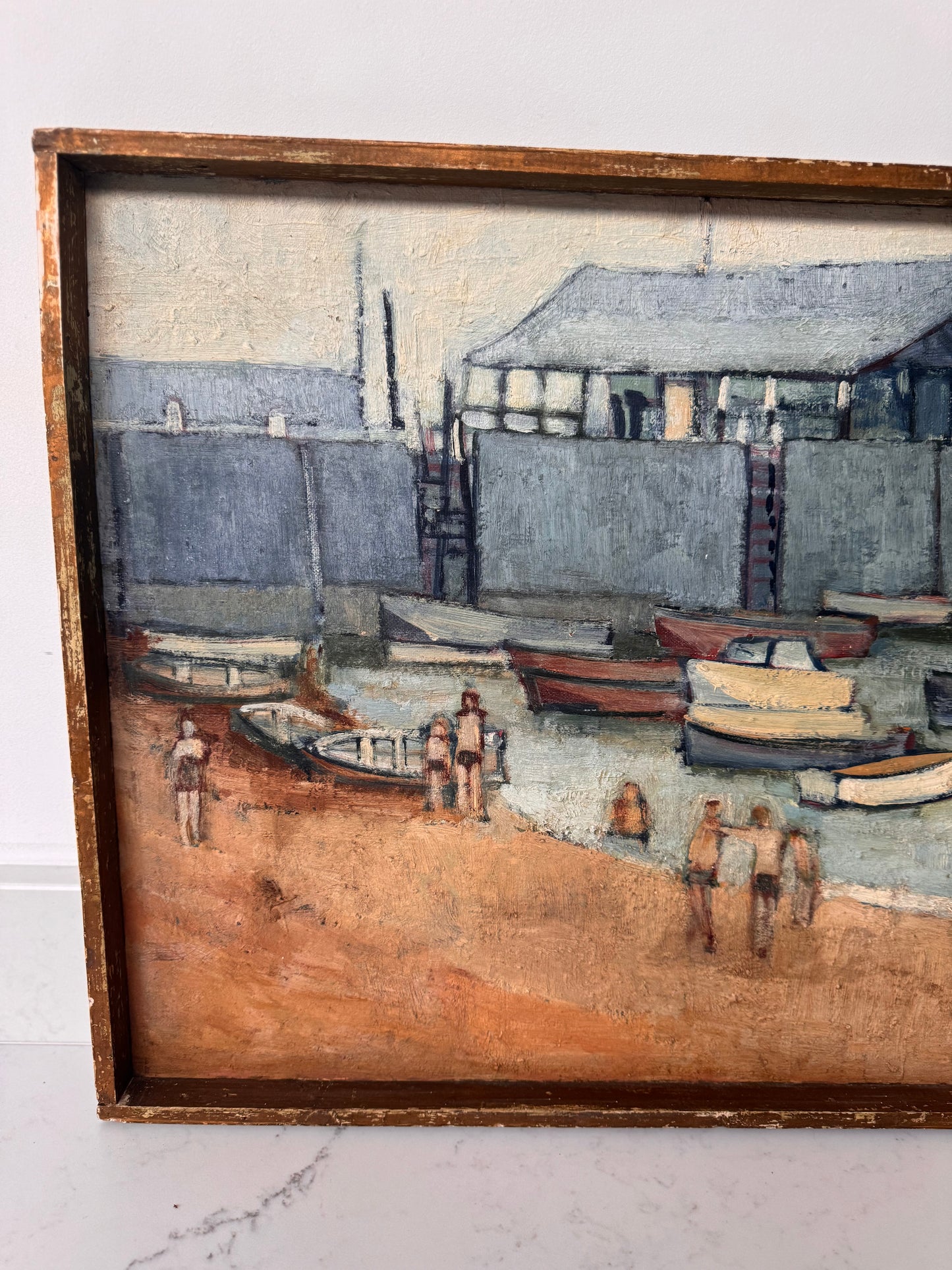 Vintage Large Mid Century Acrylic On Board Of Broadstairs Beach & Jetty