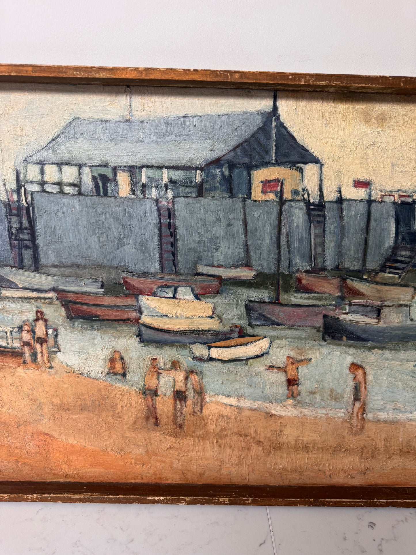 Vintage Large Mid Century Acrylic On Board Of Broadstairs Beach & Jetty