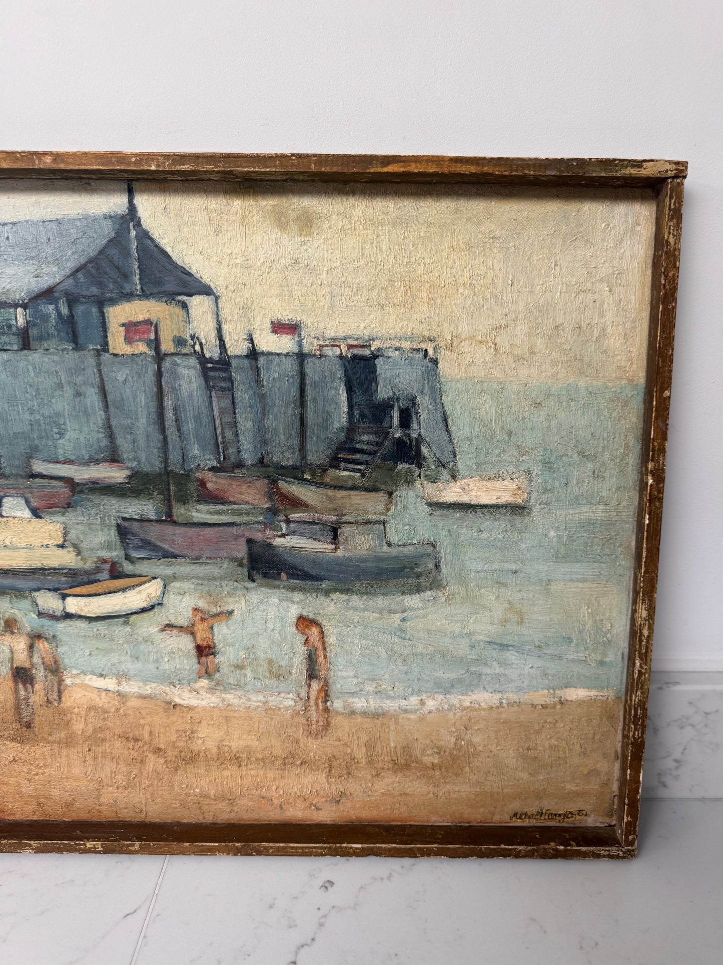 Vintage Large Mid Century Acrylic On Board Of Broadstairs Beach & Jetty