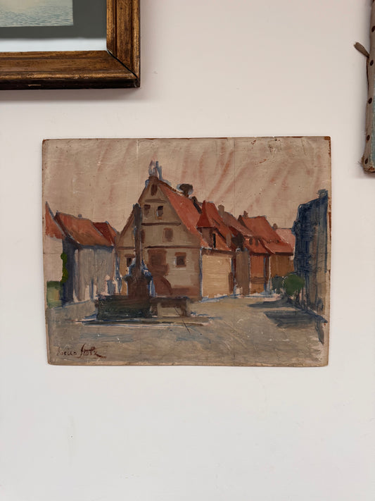 Vintage French Village Scene On Wooden Board