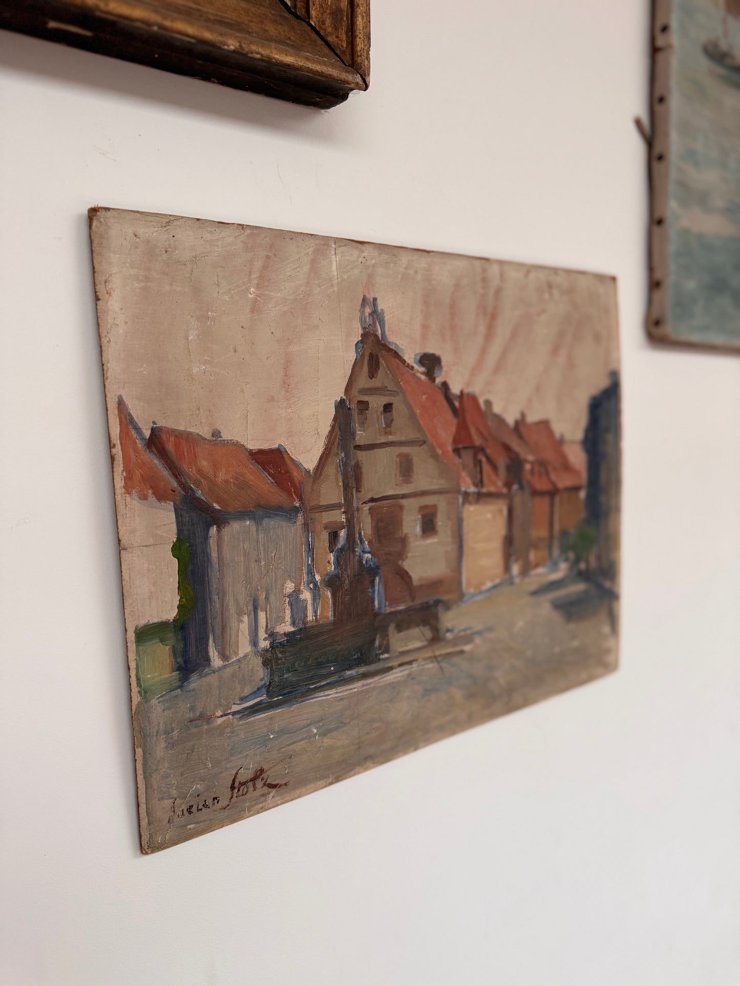 Vintage French Village Scene On Wooden Board