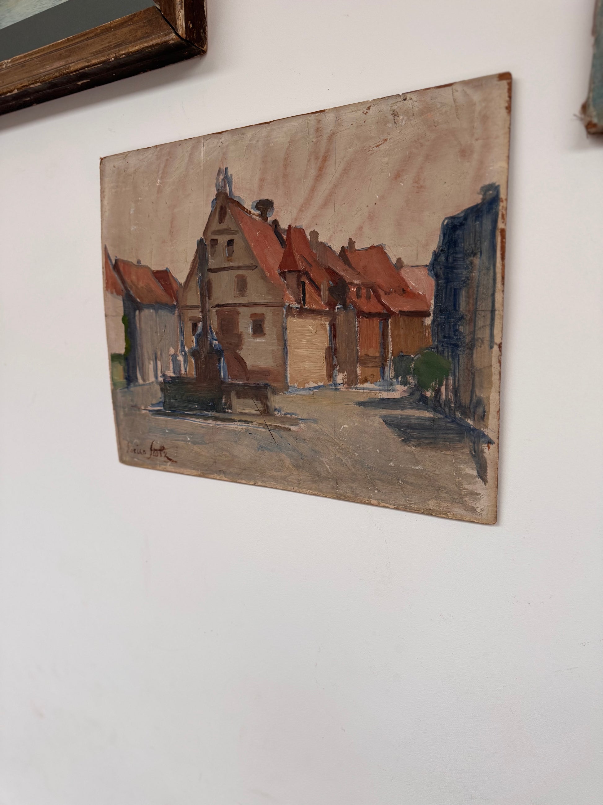 Vintage French Village Scene On Wooden Board