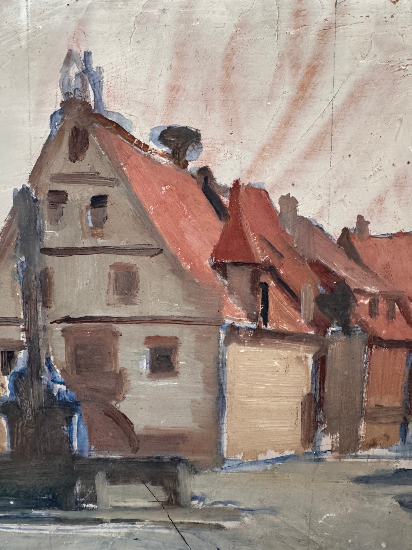 Vintage French Village Scene On Wooden Board