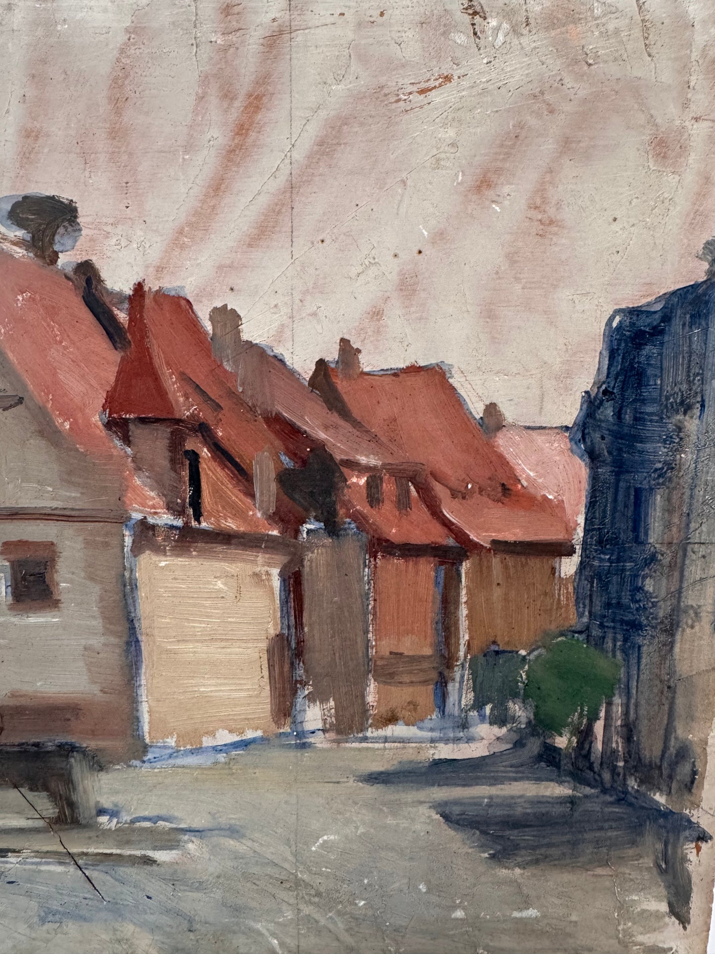 Vintage French Village Scene On Wooden Board