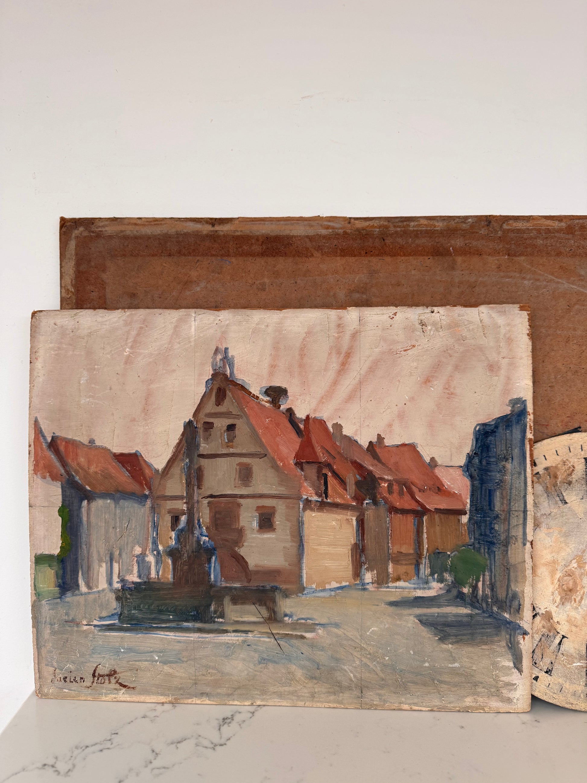 Vintage French Village Scene On Wooden Board