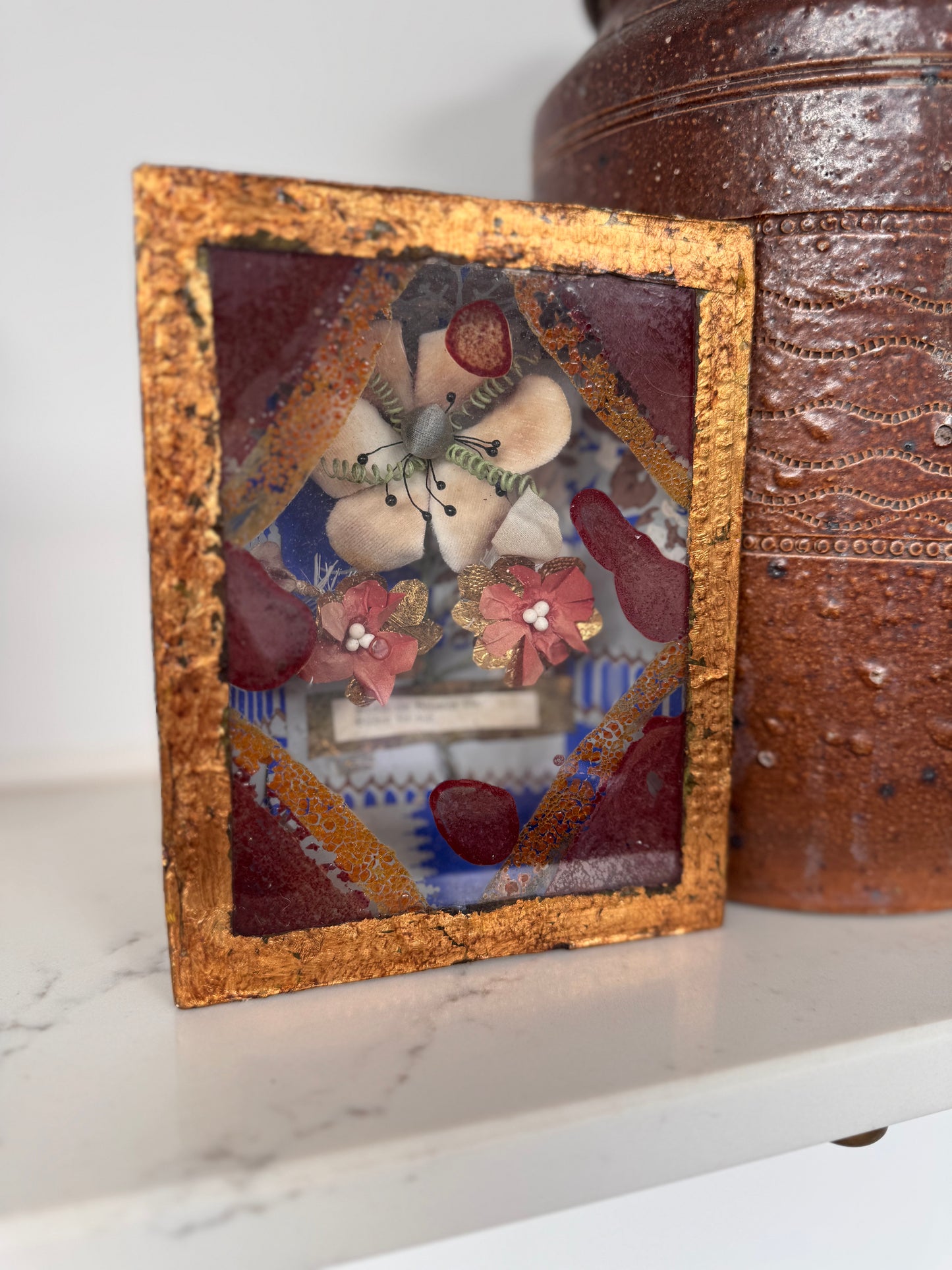 Antique German Silk Flower Love Token Diorama 