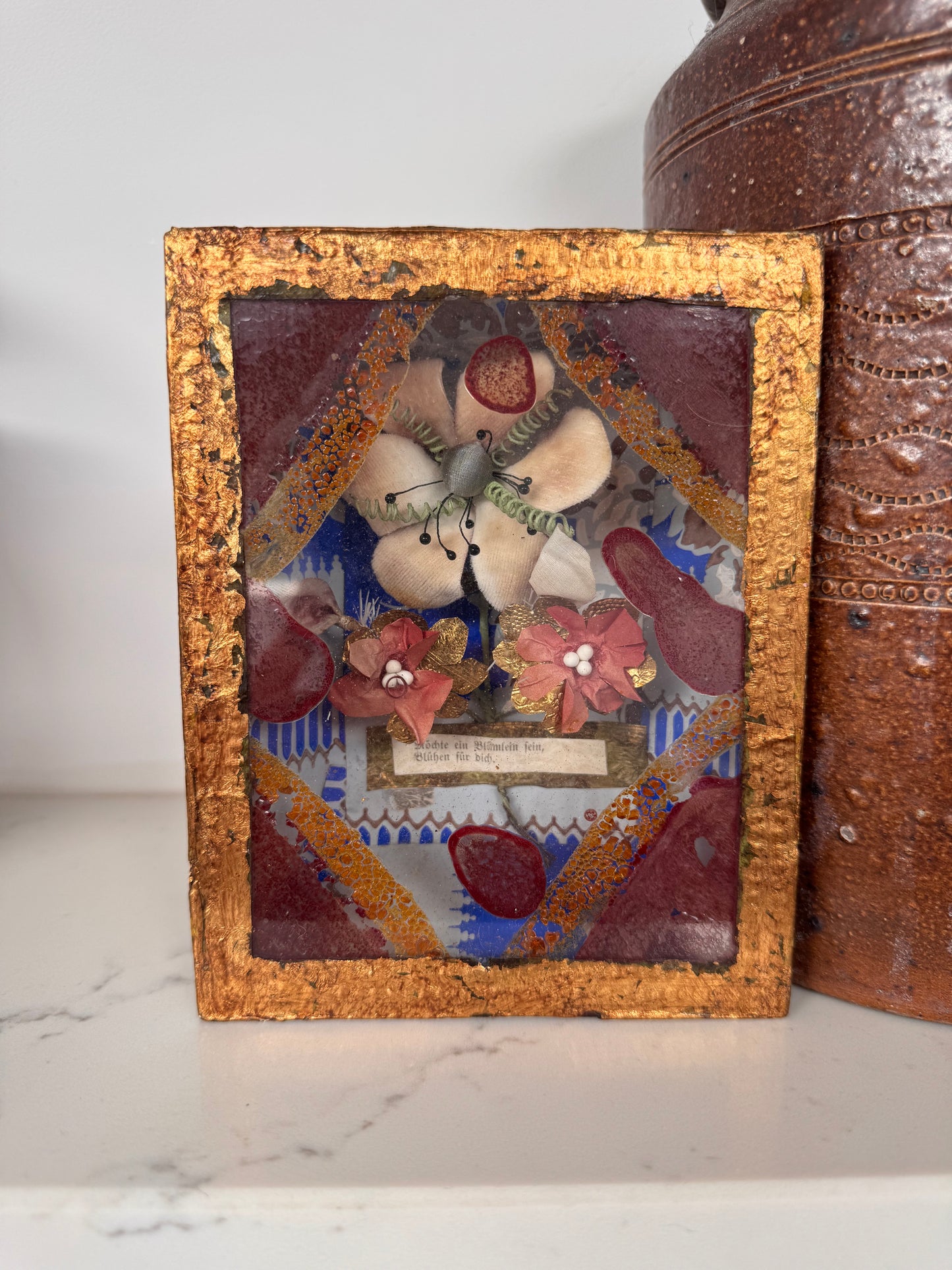 Antique German Silk Flower Love Token Diorama 