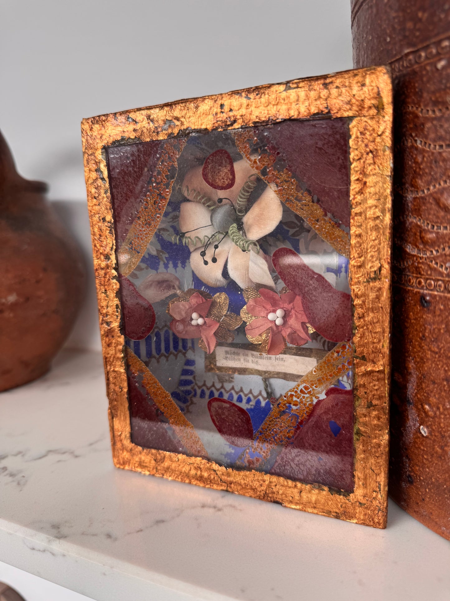 Antique German Silk Flower Love Token Diorama