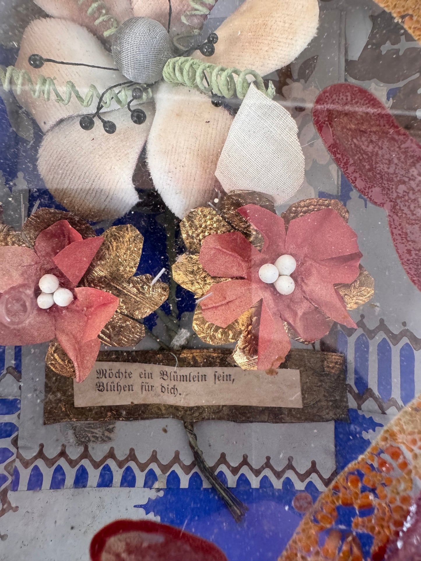 Antique German Silk Flower Love Token Diorama