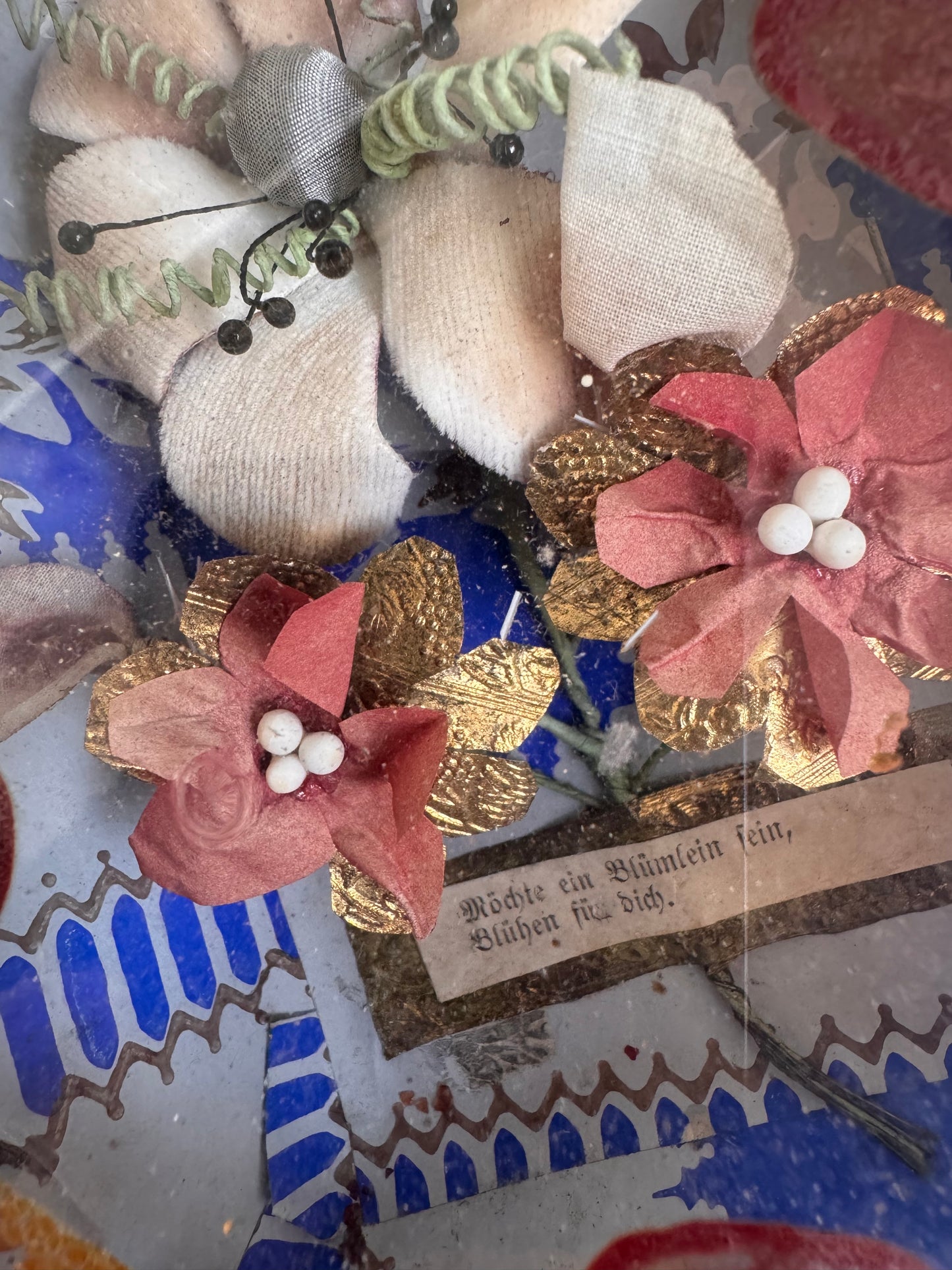 Antique German Silk Flower Love Token Diorama