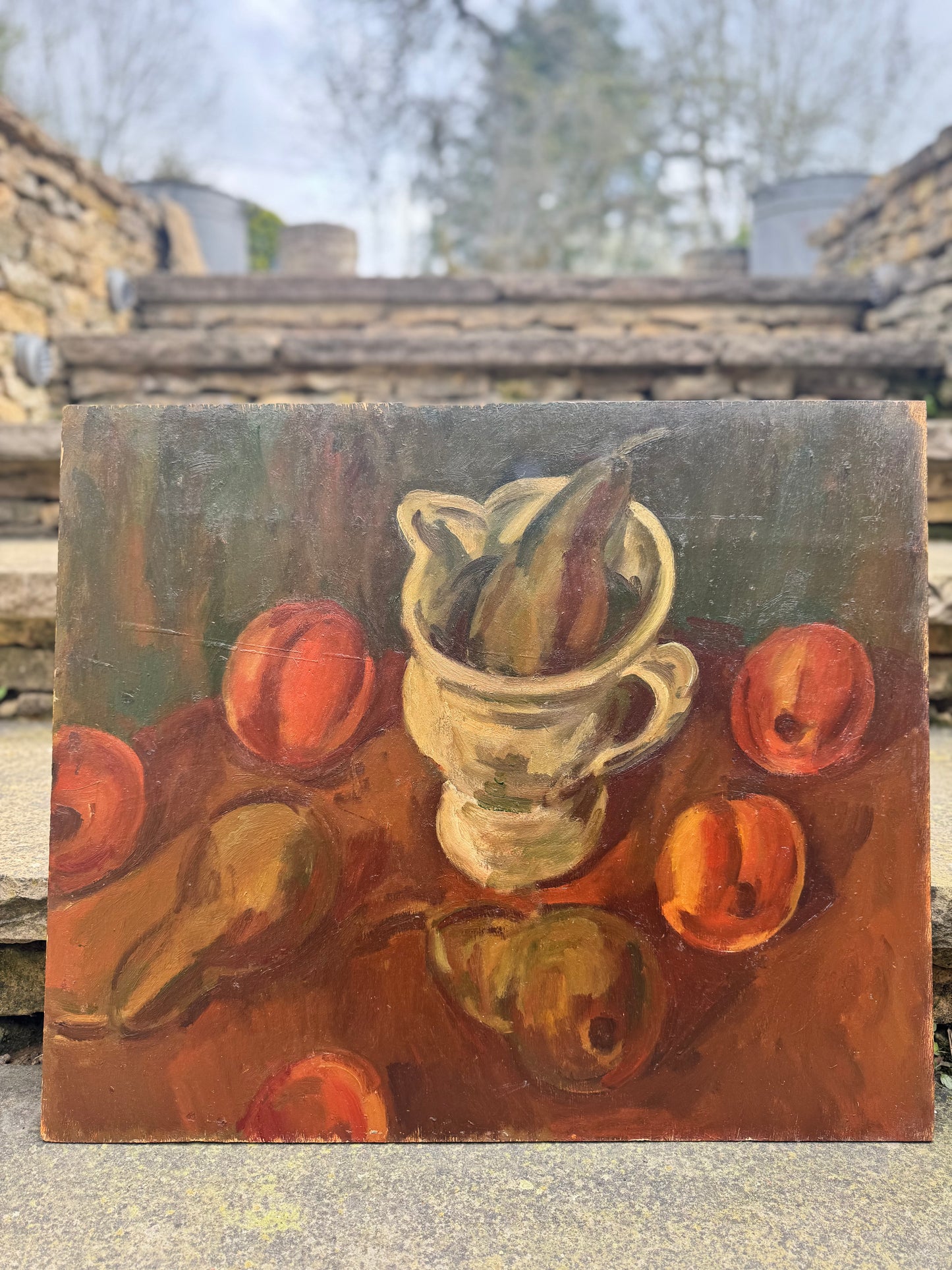 Mid Century British Still Life Oil On Wooden Board