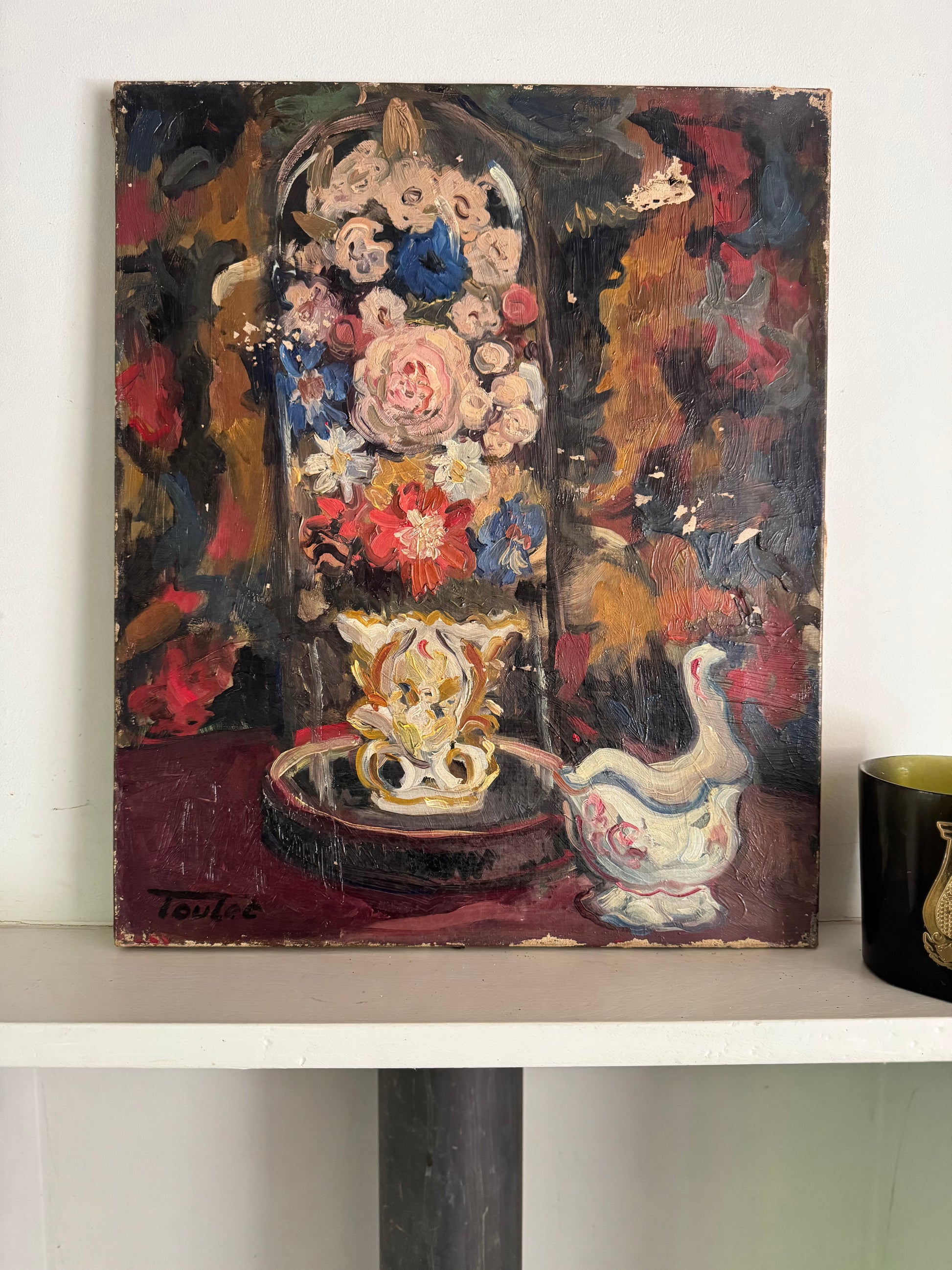 Vintage Oil On Canvas French Still Life Glass Dome & Flowers