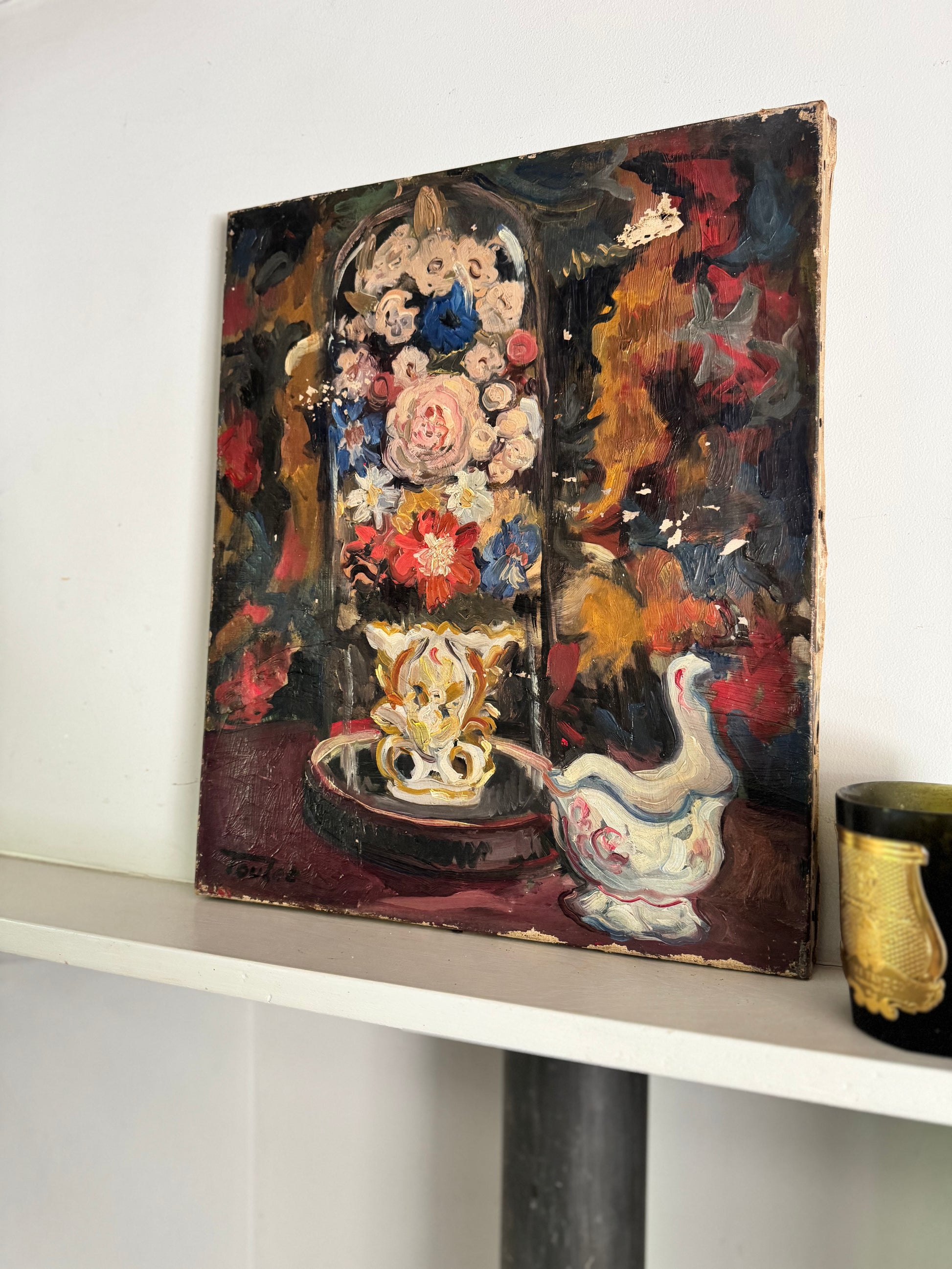 Vintage Oil On Canvas French Still Life Glass Dome & Flowers