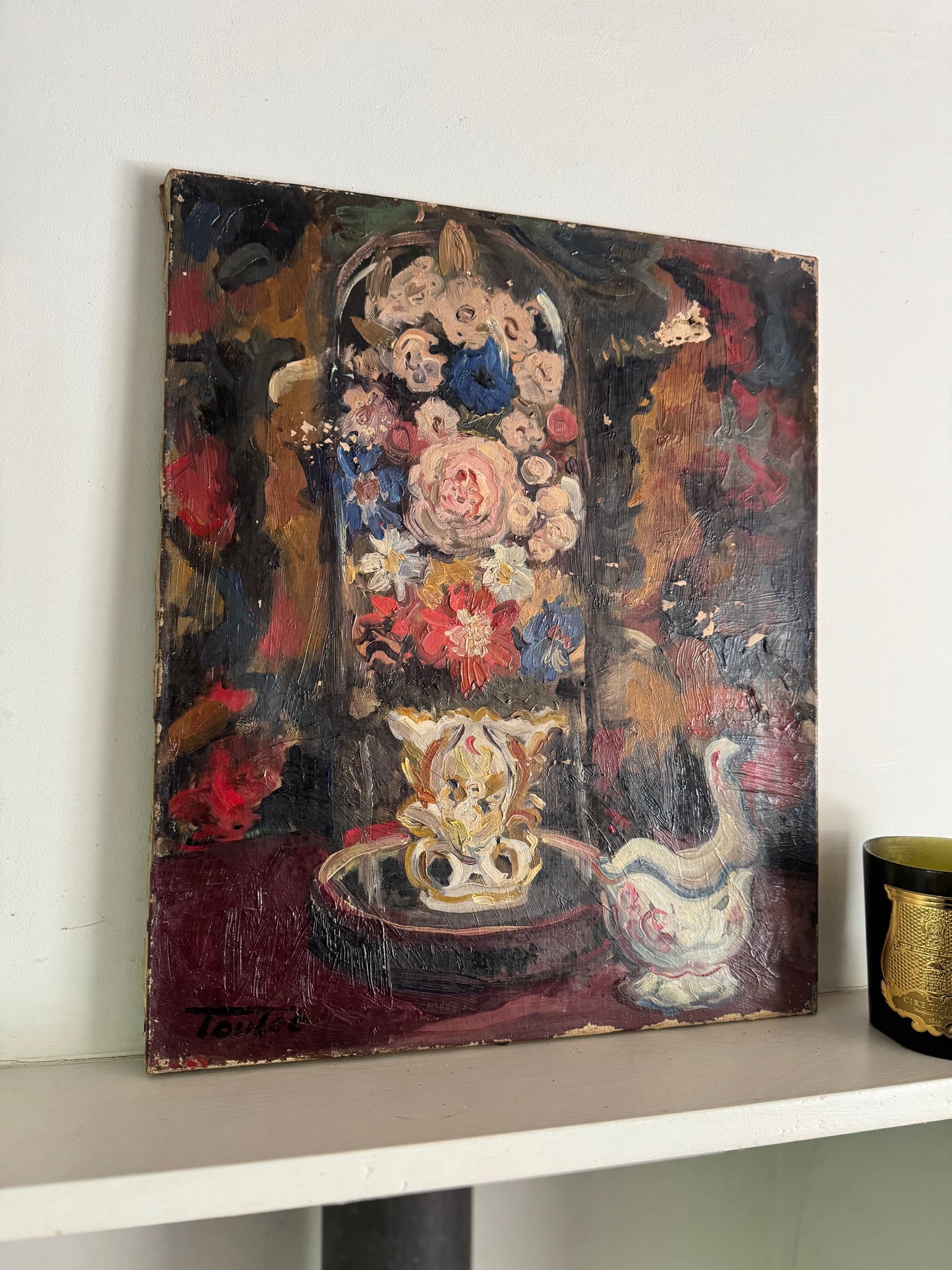 Vintage Oil On Canvas French Still Life Glass Dome & Flowers
