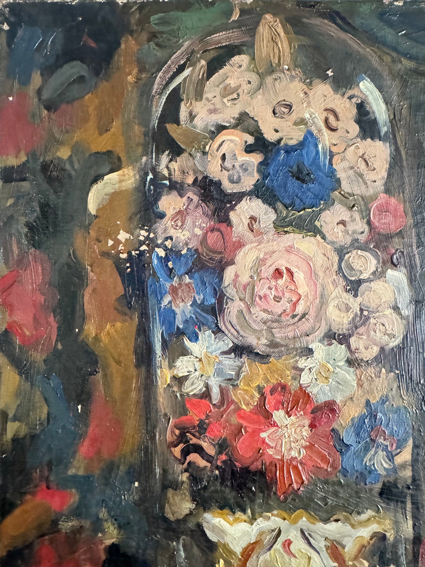 Vintage Oil On Canvas French Still Life Glass Dome & Flowers