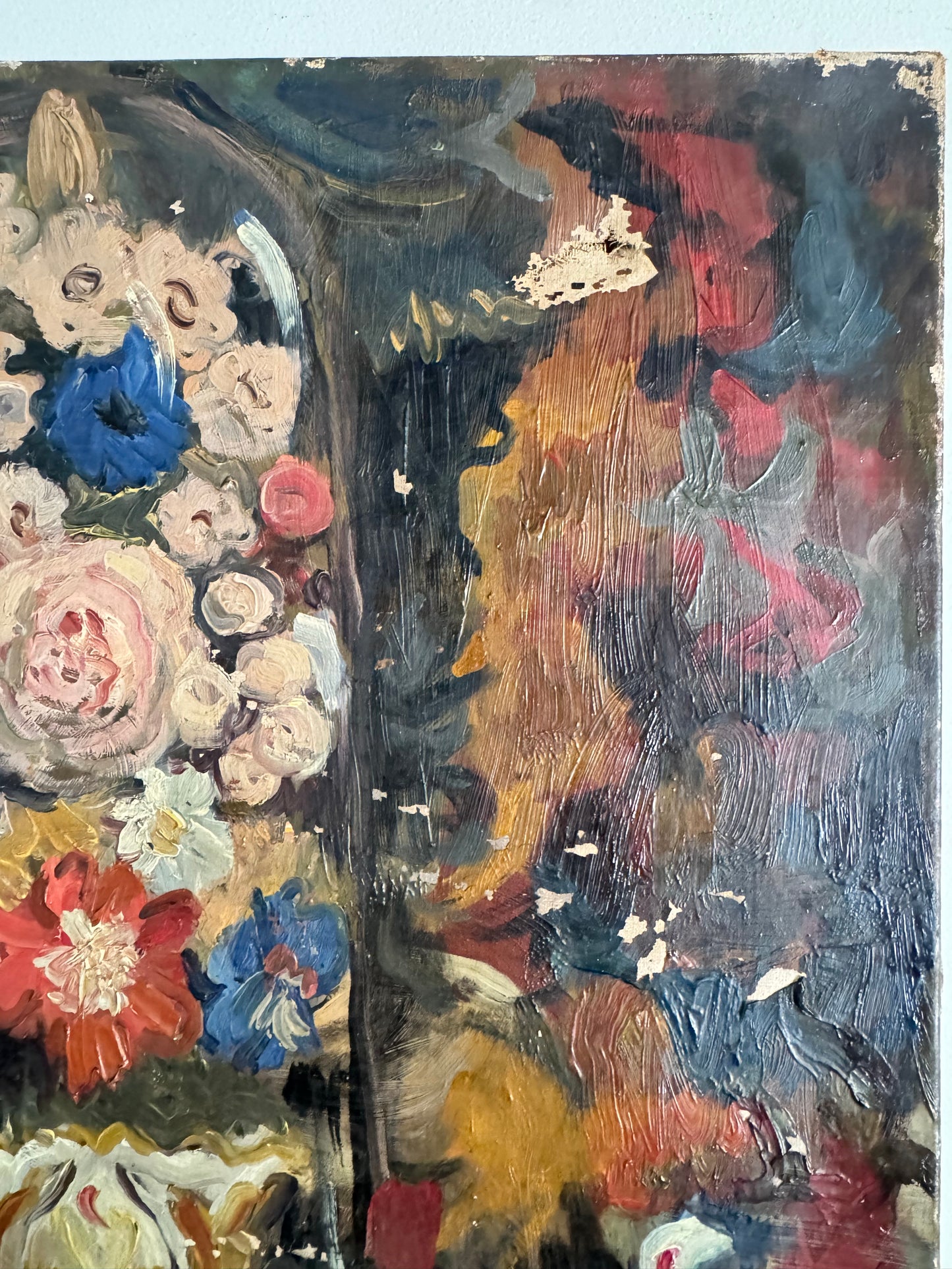 Vintage Oil On Canvas French Still Life Glass Dome & Flowers