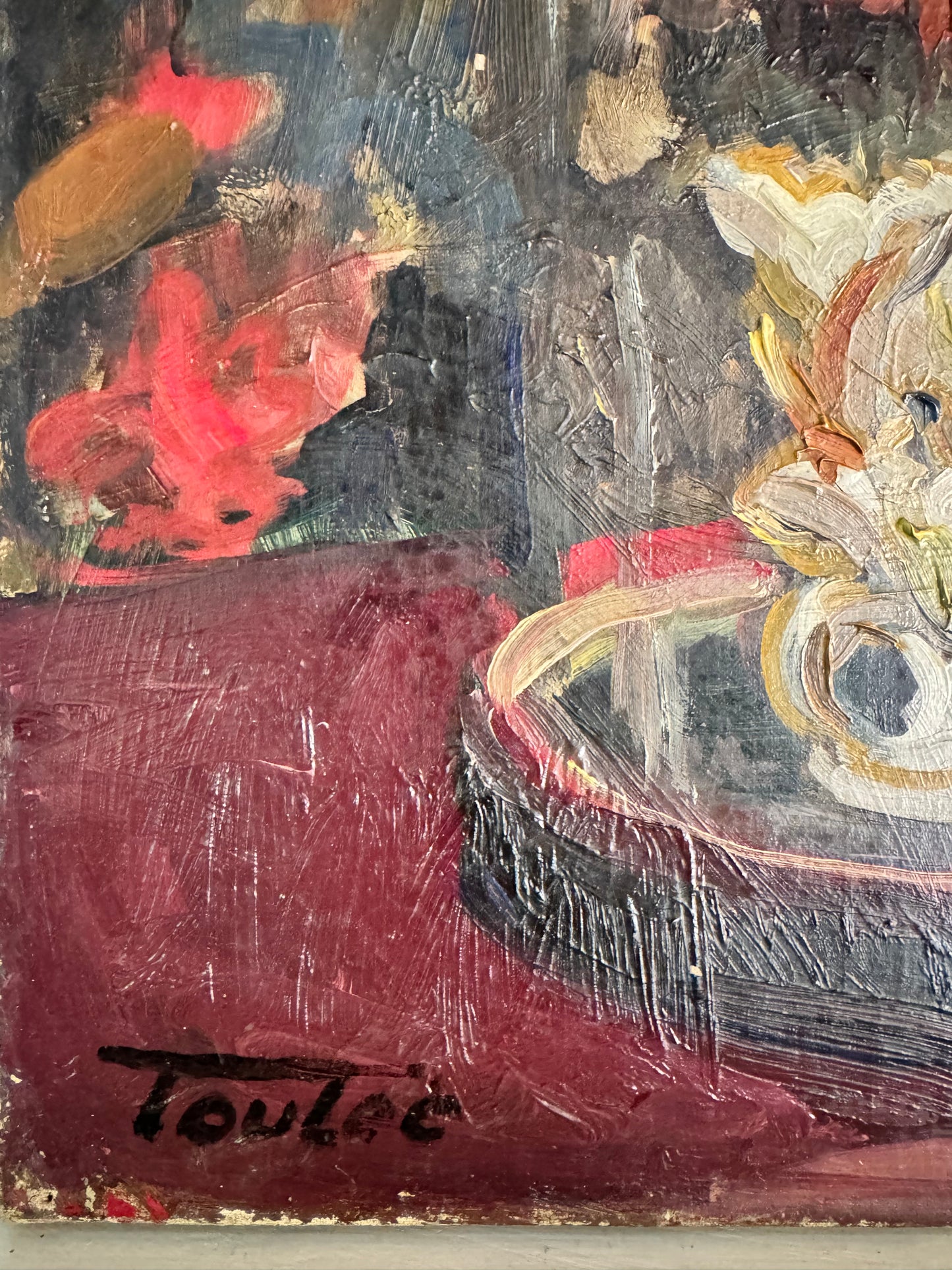 Vintage Oil On Canvas French Still Life Glass Dome & Flowers