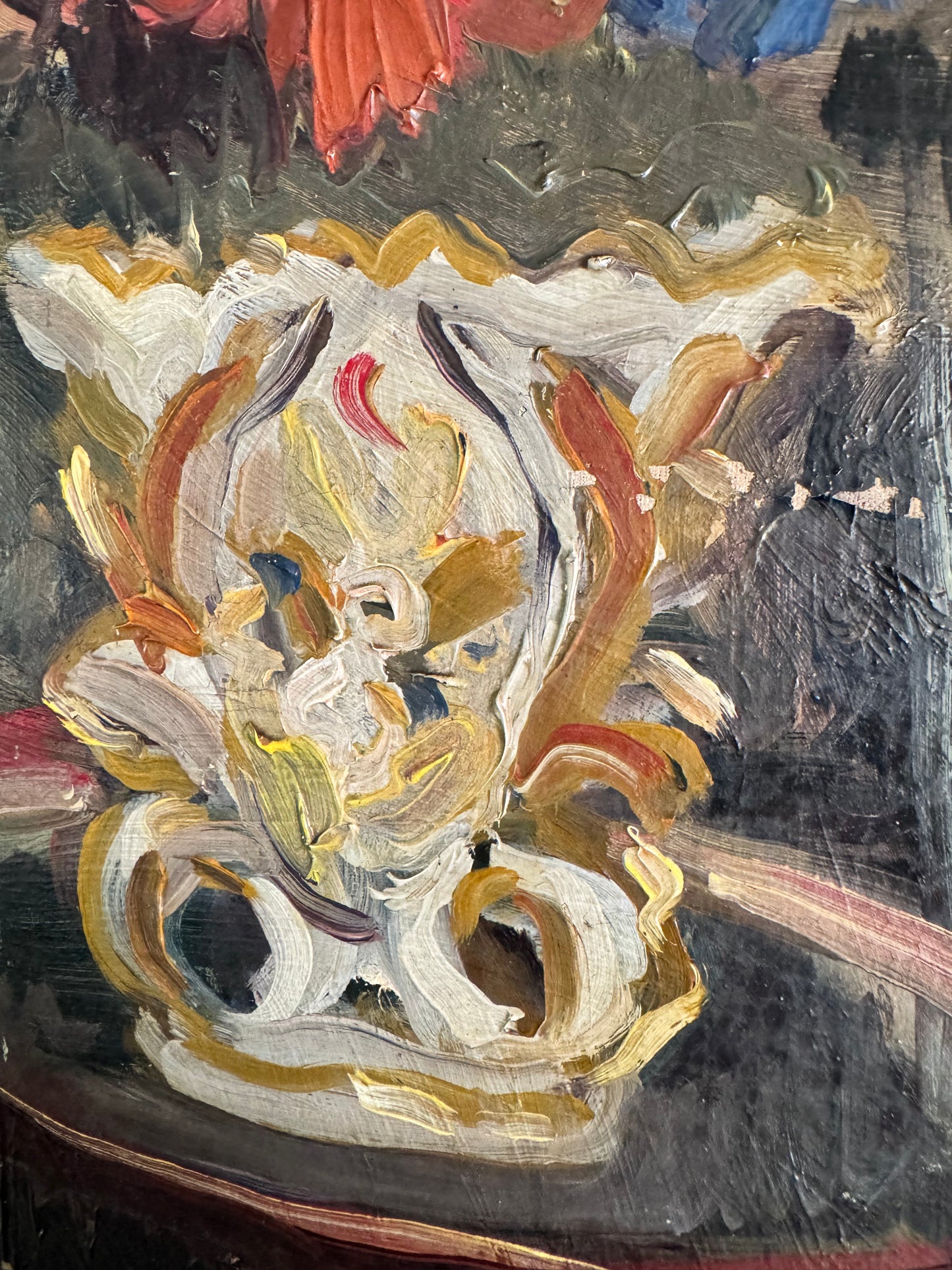Vintage Oil On Canvas French Still Life Glass Dome & Flowers