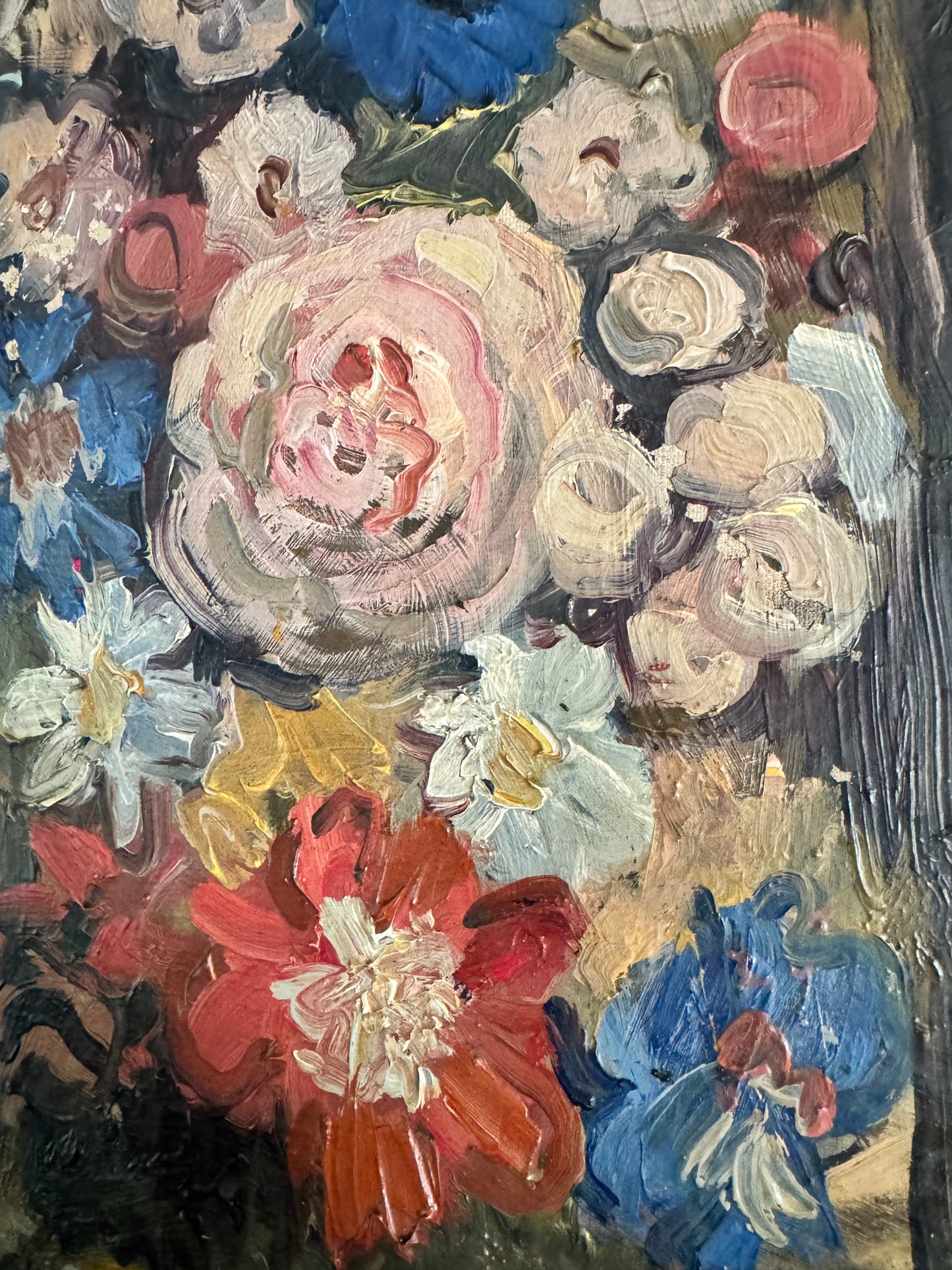 Vintage Oil On Canvas French Still Life Glass Dome & Flowers