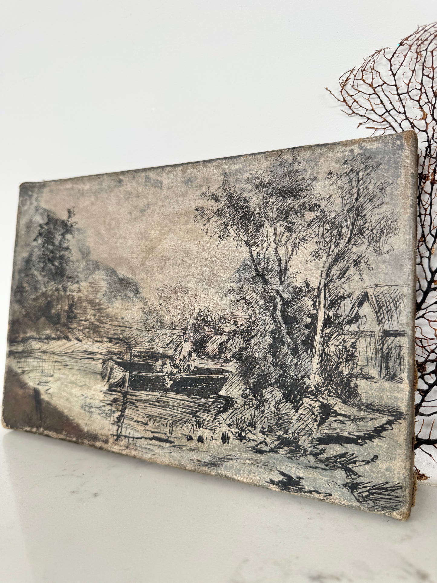 Vintage French River Landscape Ink & Oil On Canvas