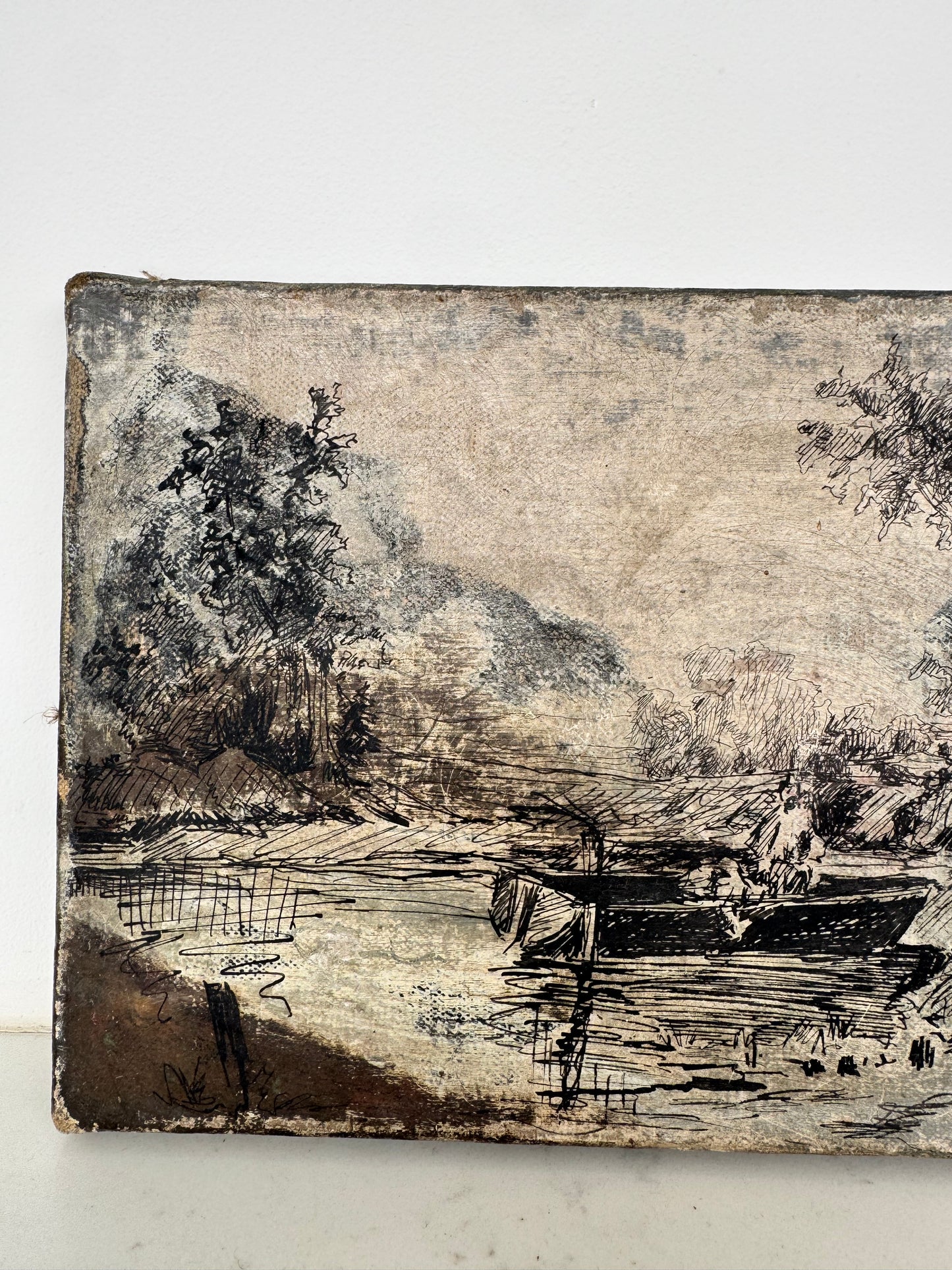 Vintage French River Landscape Ink & Oil On Canvas