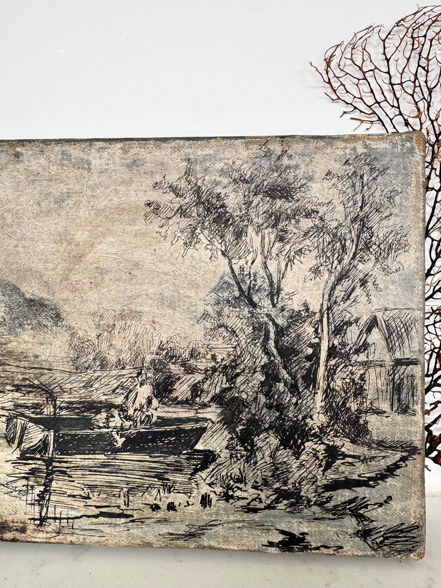 Vintage French River Landscape Ink & Oil On Canvas