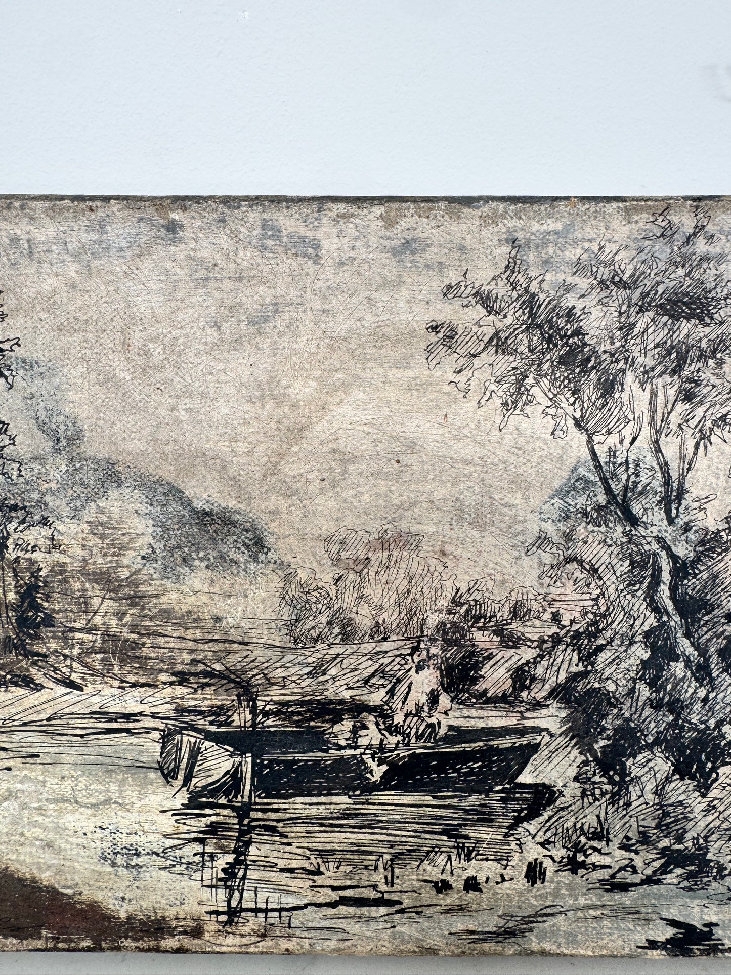 Vintage French River Landscape Ink & Oil On Canvas