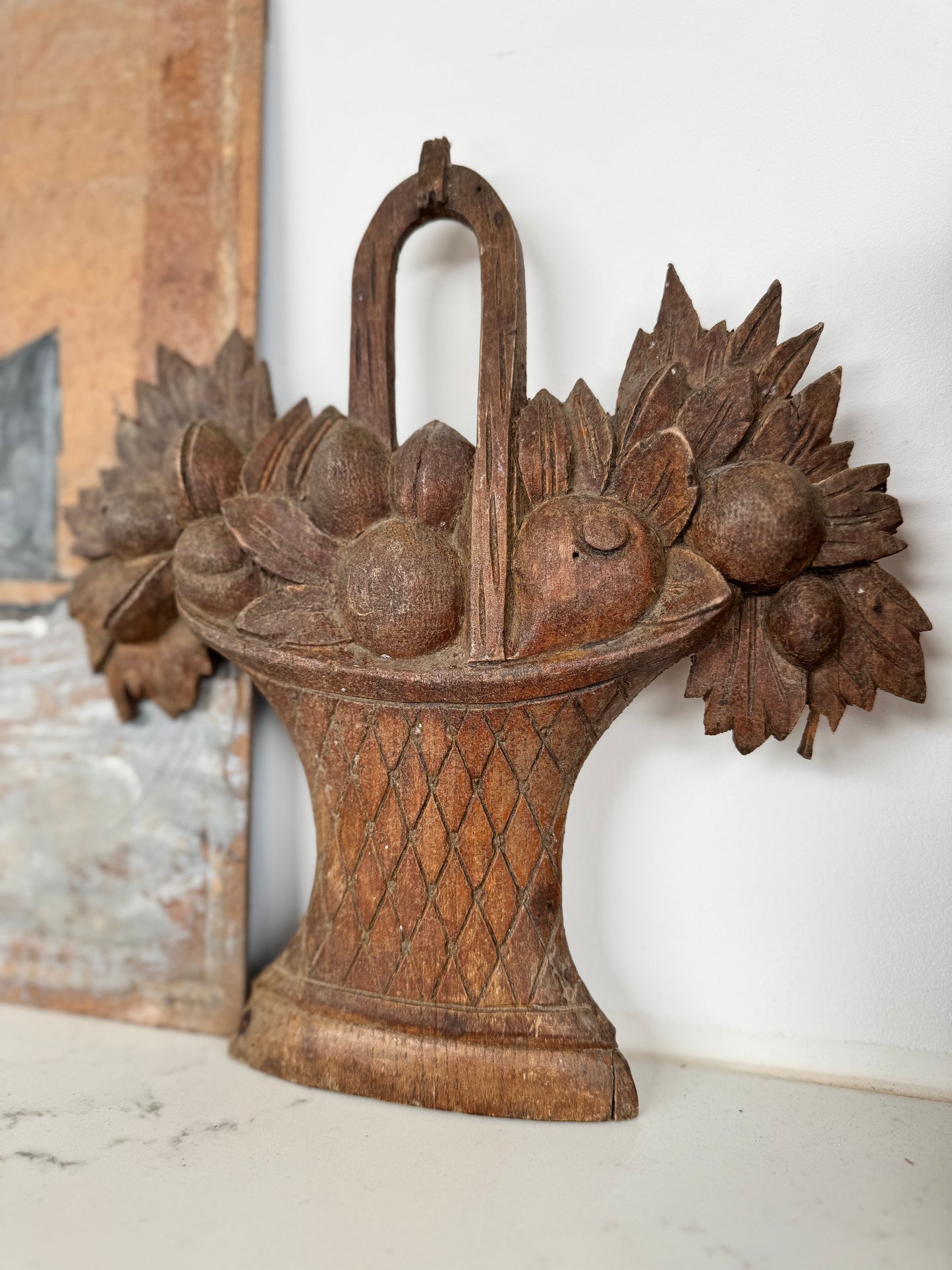 Antique French Wooden Carved Oak Fruits In Basket