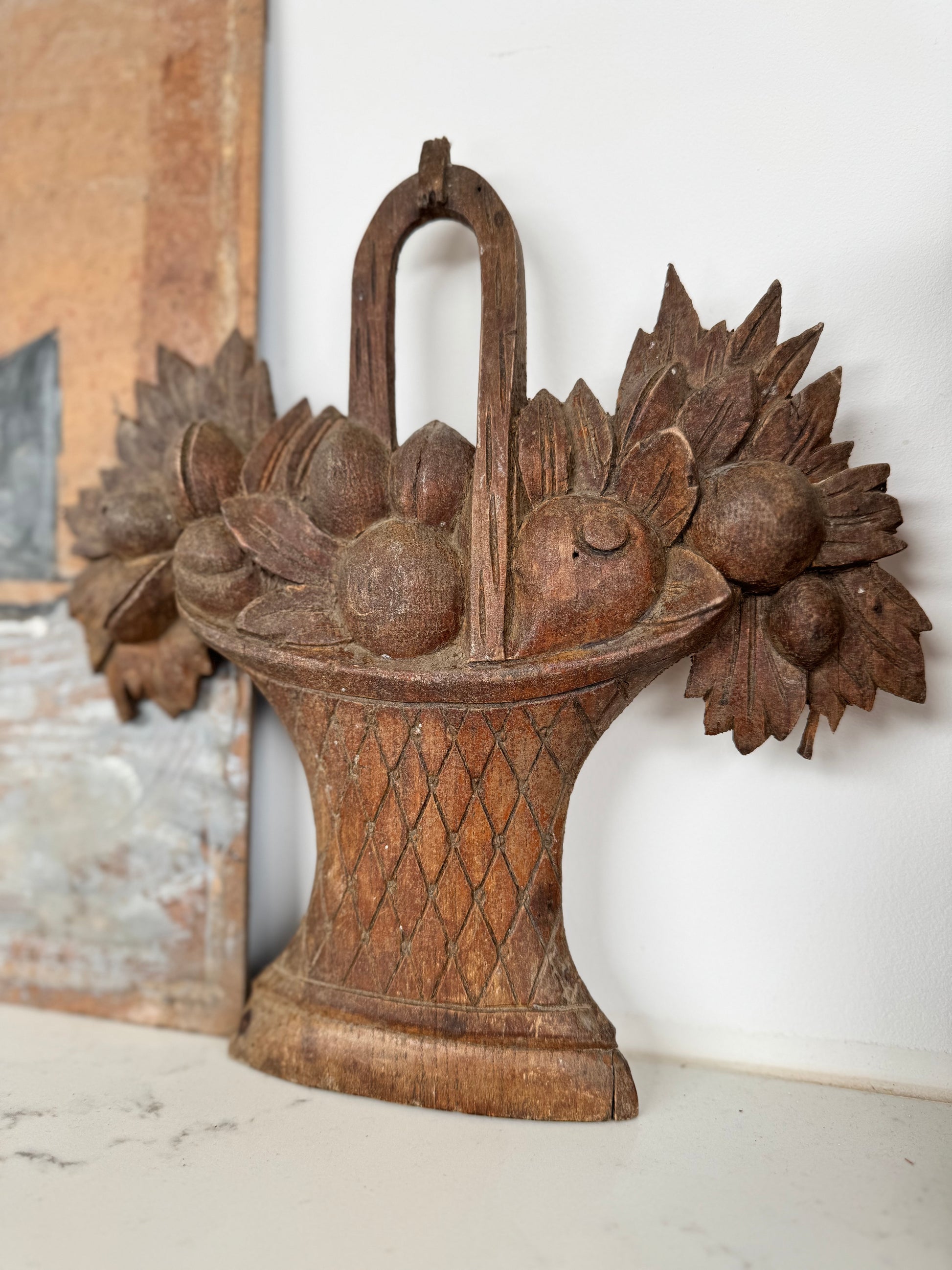Antique French Wooden Carved Oak Fruits In Basket
