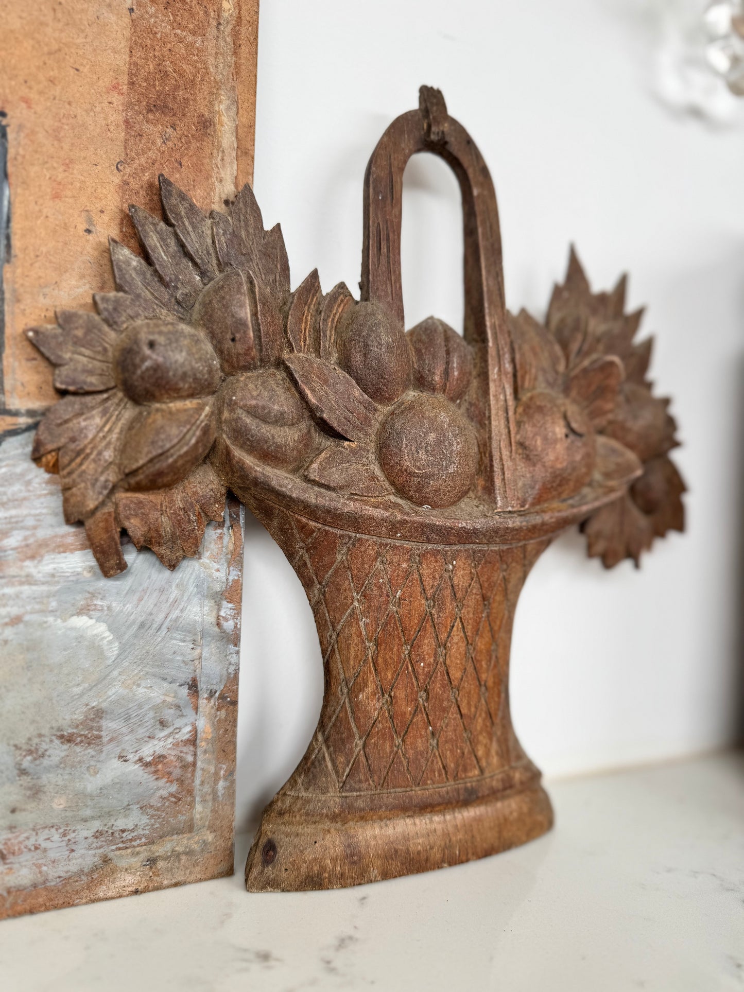 Antique French Wooden Carved Oak Fruits In Basket