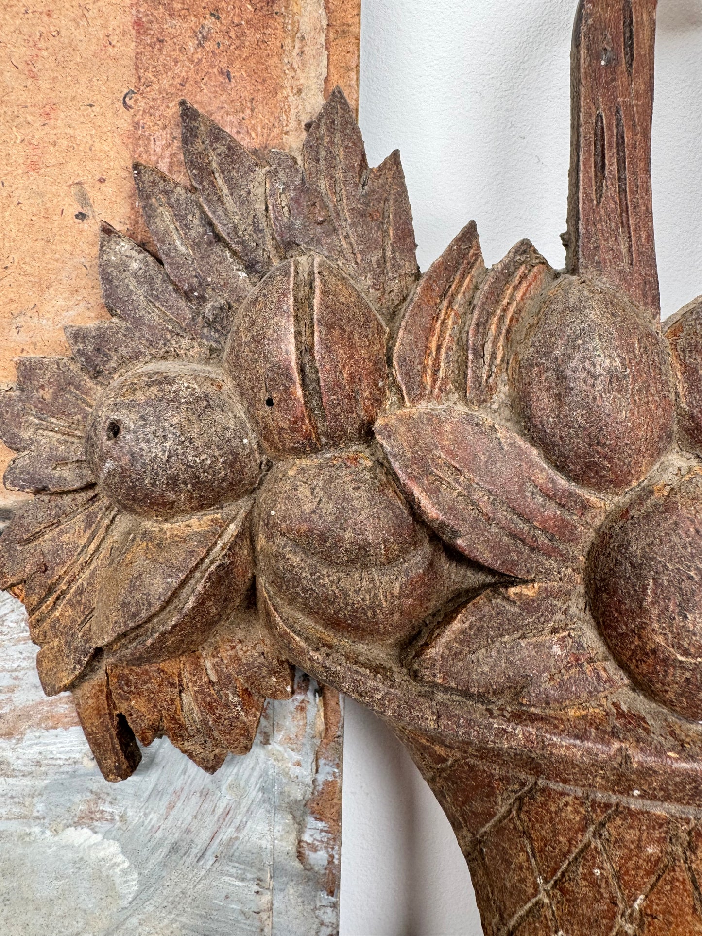 Antique French Wooden Carved Oak Fruits In Basket