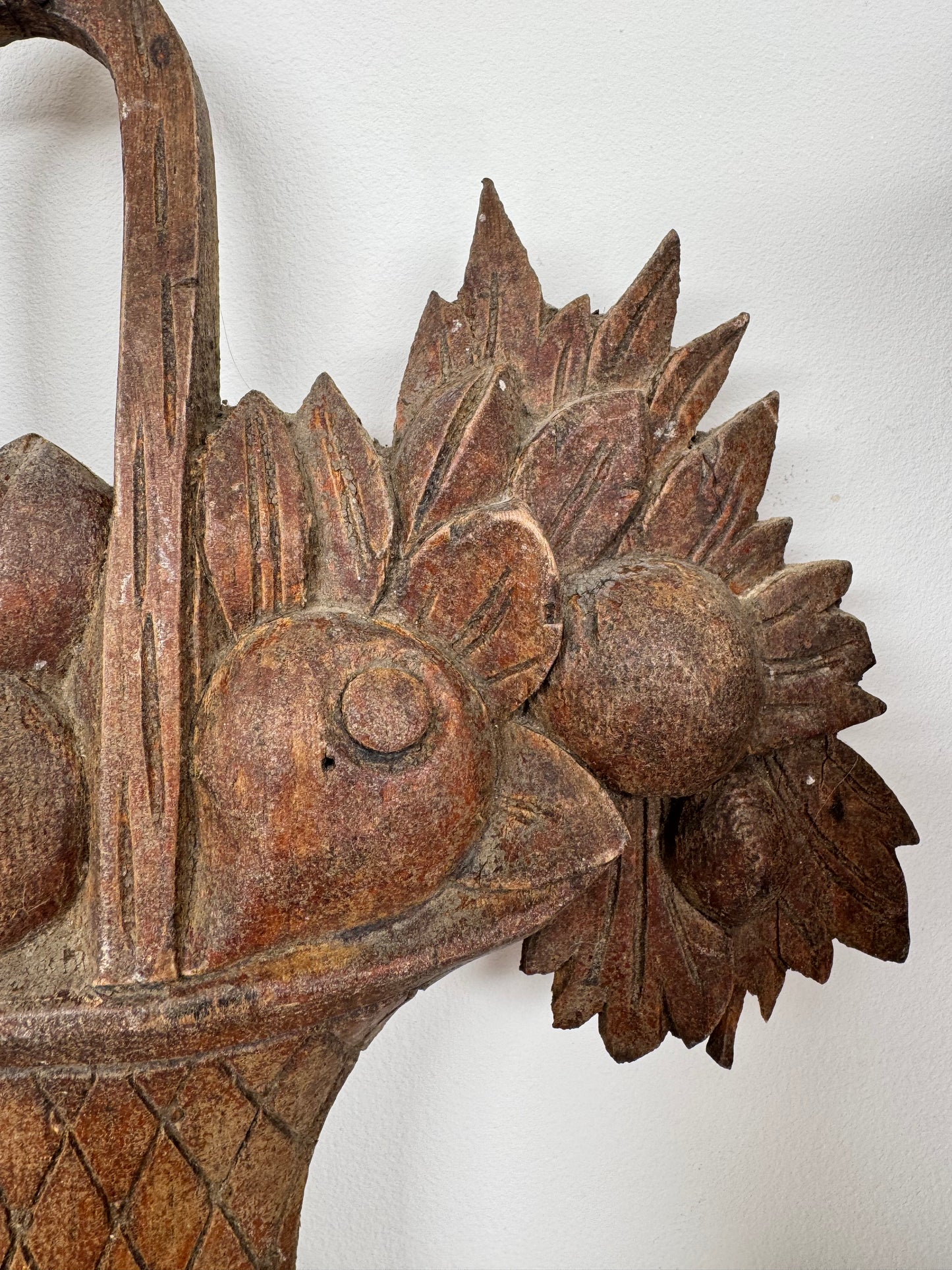 Antique French Wooden Carved Oak Fruits In Basket