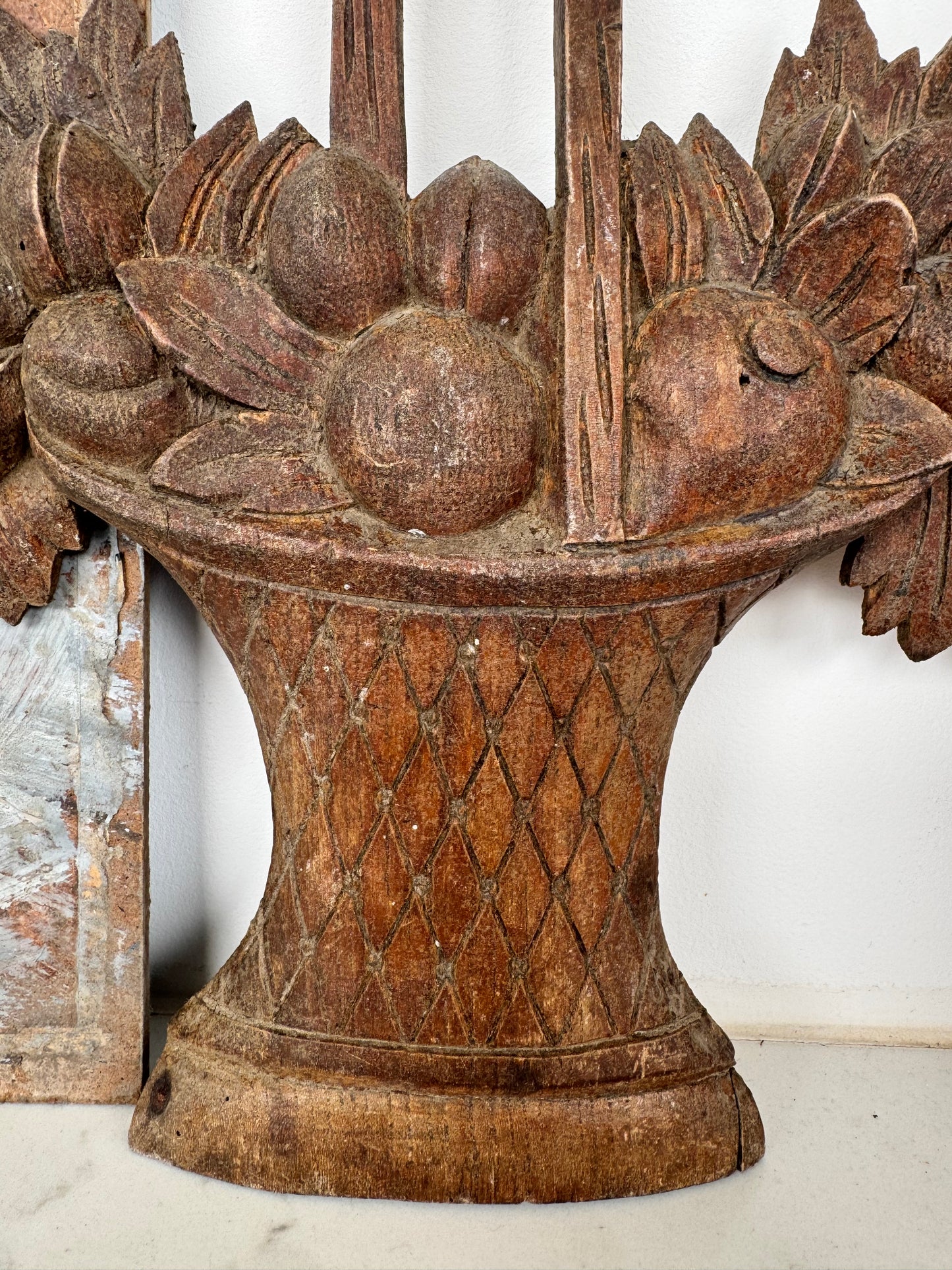 Antique French Wooden Carved Oak Fruits In Basket