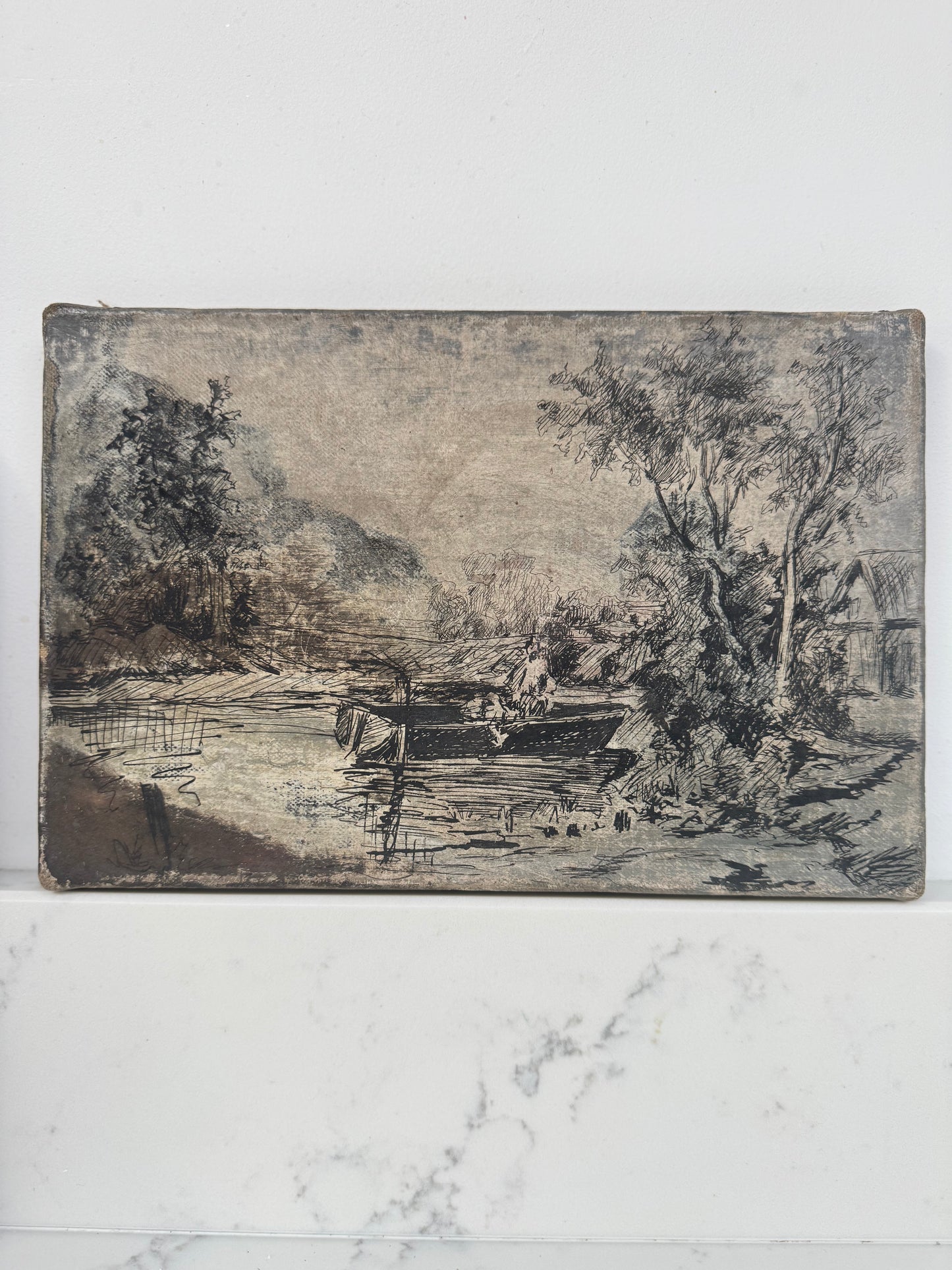 Vintage French River Landscape Ink & Oil On Canvas