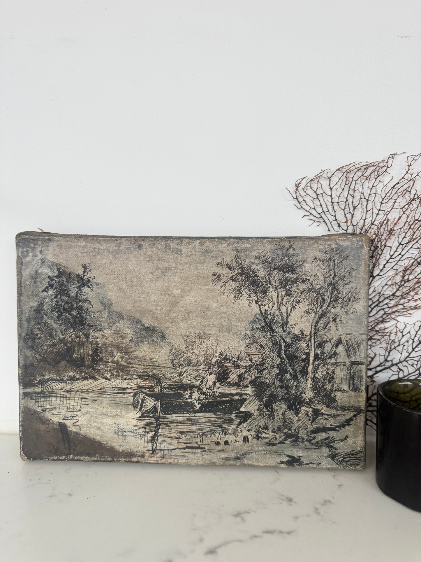 Vintage French River Landscape Ink & Oil On Canvas