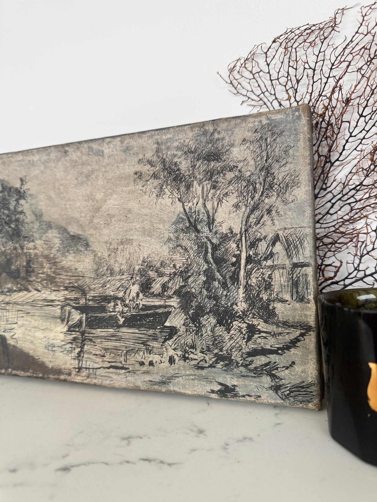 Vintage French River Landscape Ink & Oil On Canvas