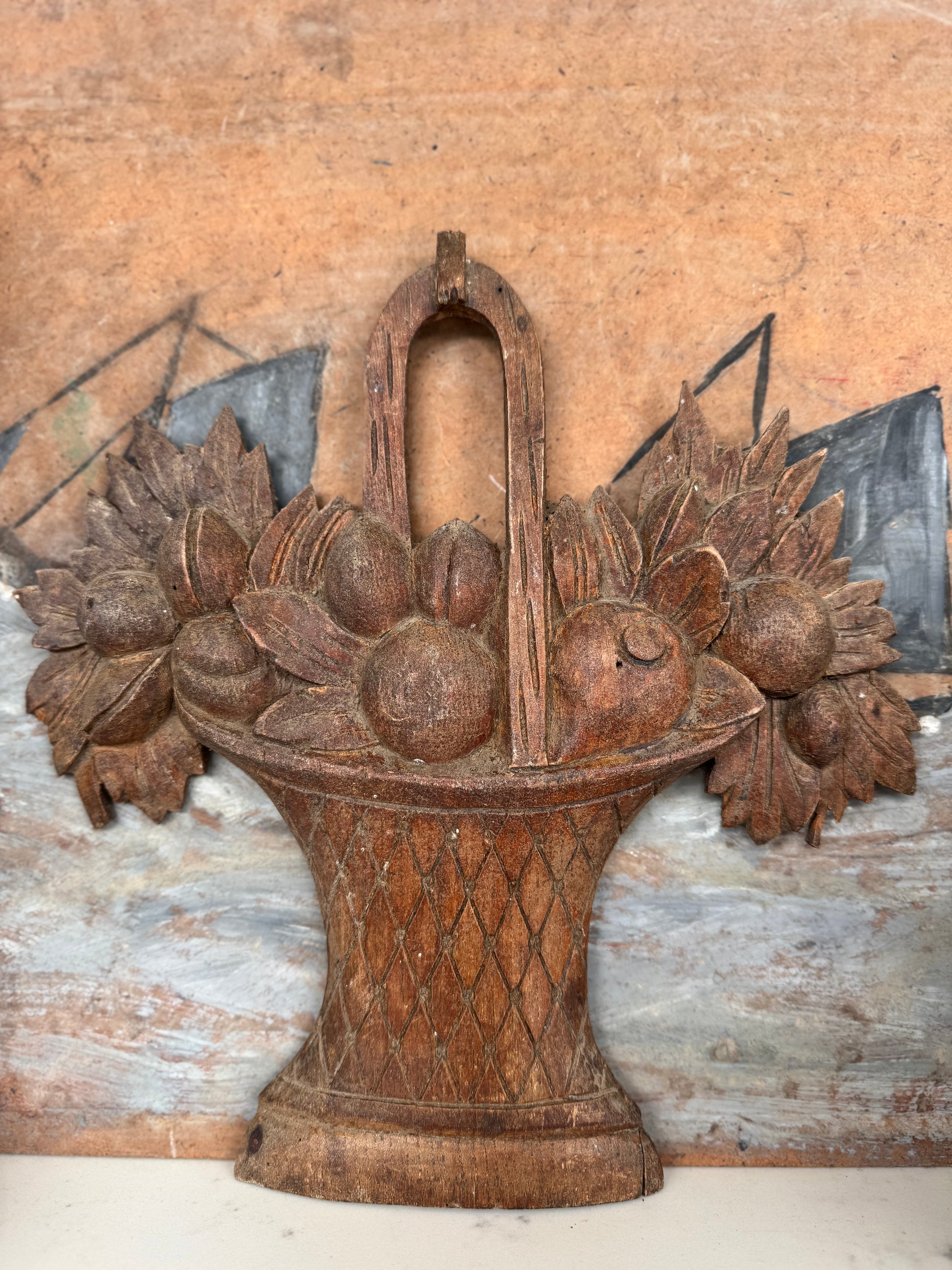 Antique French Wooden Carved Oak Fruits In Basket
