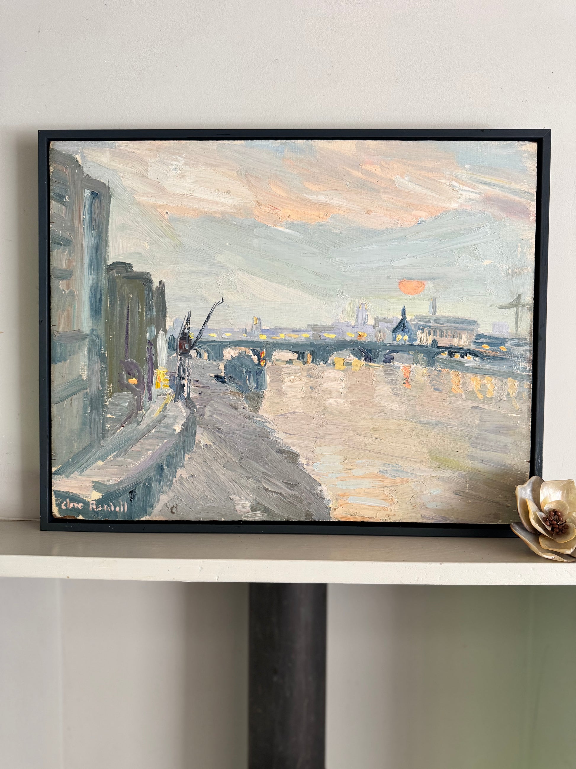 Mid Century View From Southwark Bridge Oil On Wooden Board